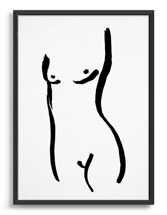 Minimal female nude line drawing on a white background