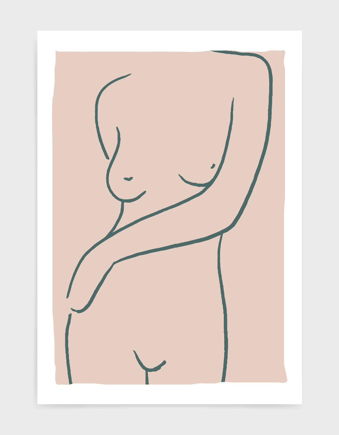 Sensual line drawing of a woman's naked torso with one arm crossed over her body on a pink background