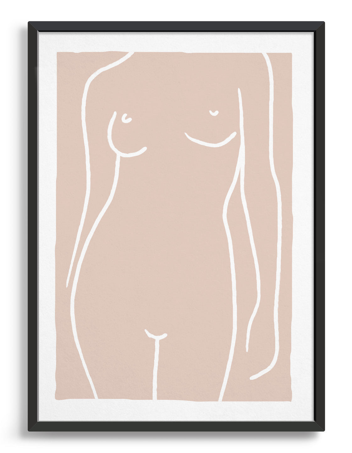 white line drawing of a nude womans torso and upper legs against a pink background