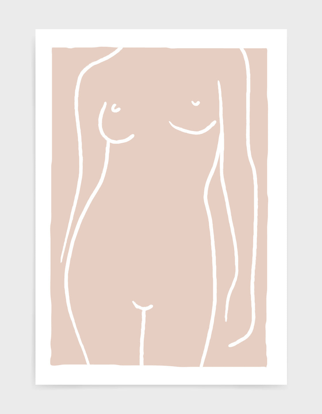 white line drawing of a nude womans torso and upper legs against a pink background