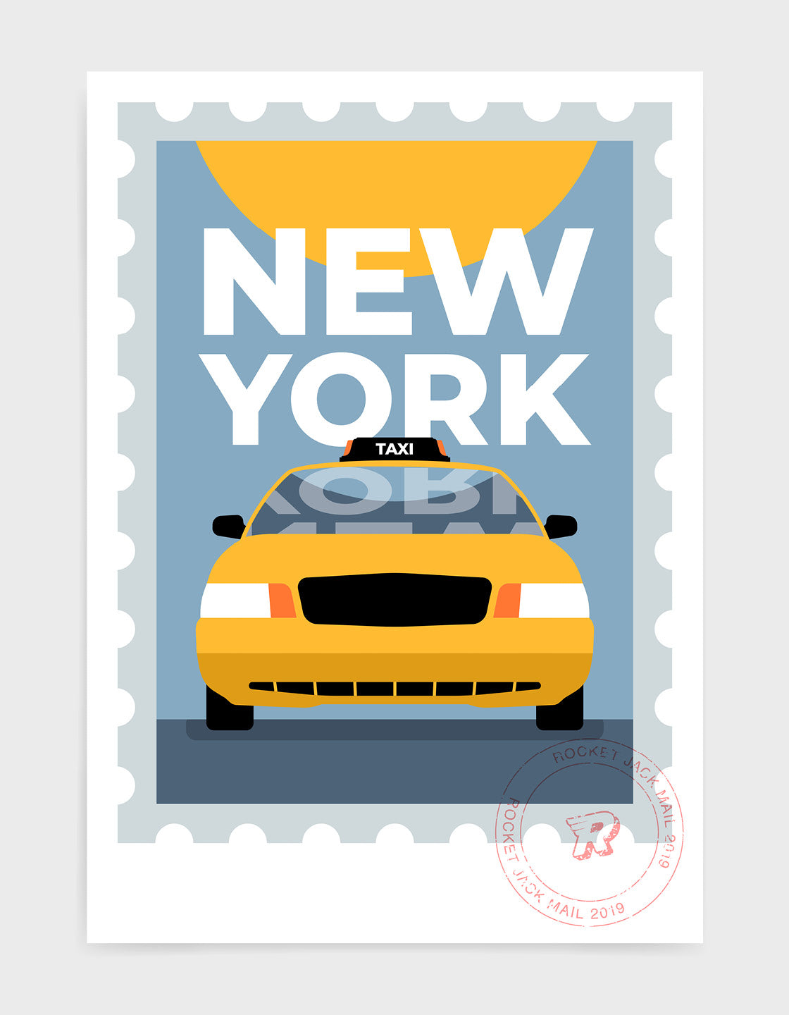 New york city travel poster featuring a yellow taxi on a grey and yellow background with bold type