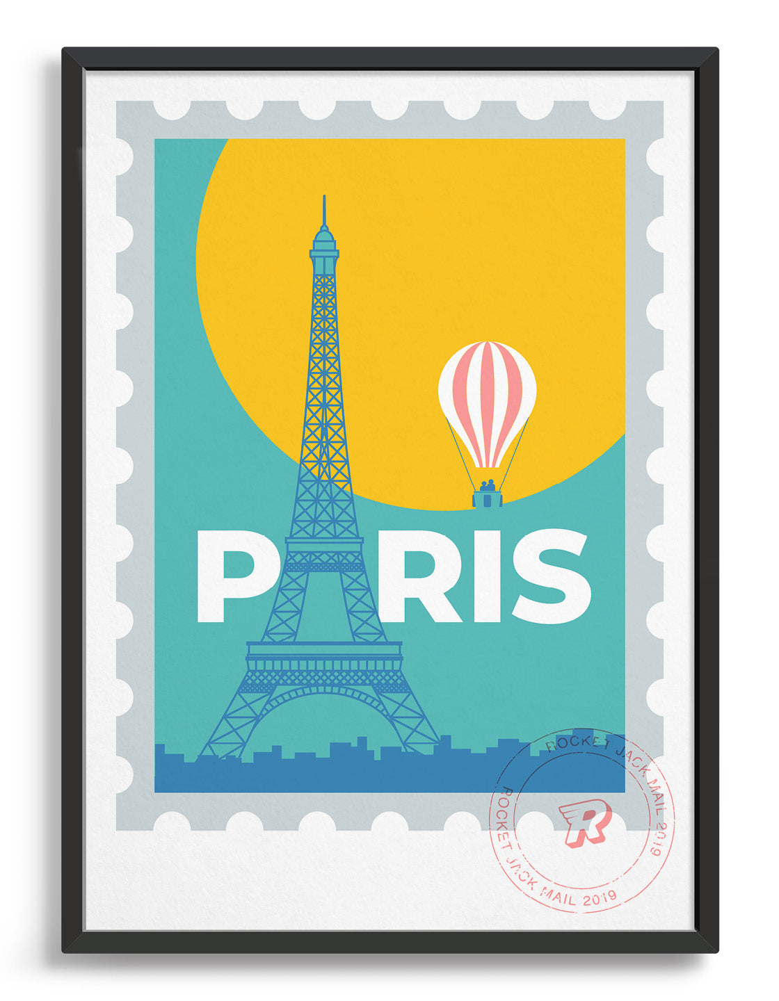 Paris stamp print featuring a hot air balloon and the Eiffel Tower