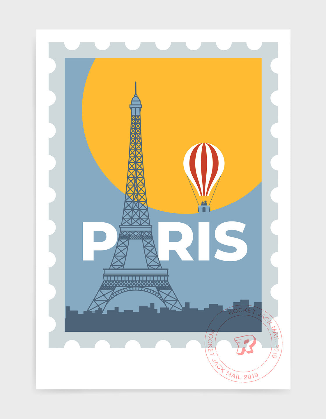 Paris stamp print featuring a hot air balloon and the Eiffel Tower