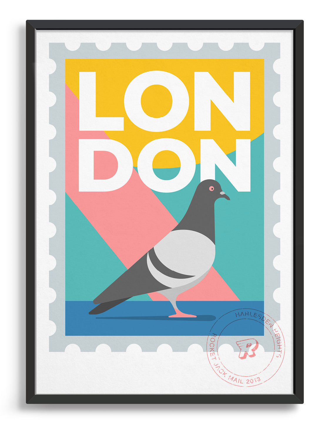 Customisable London stamp print featuring a pigeon against a bright background