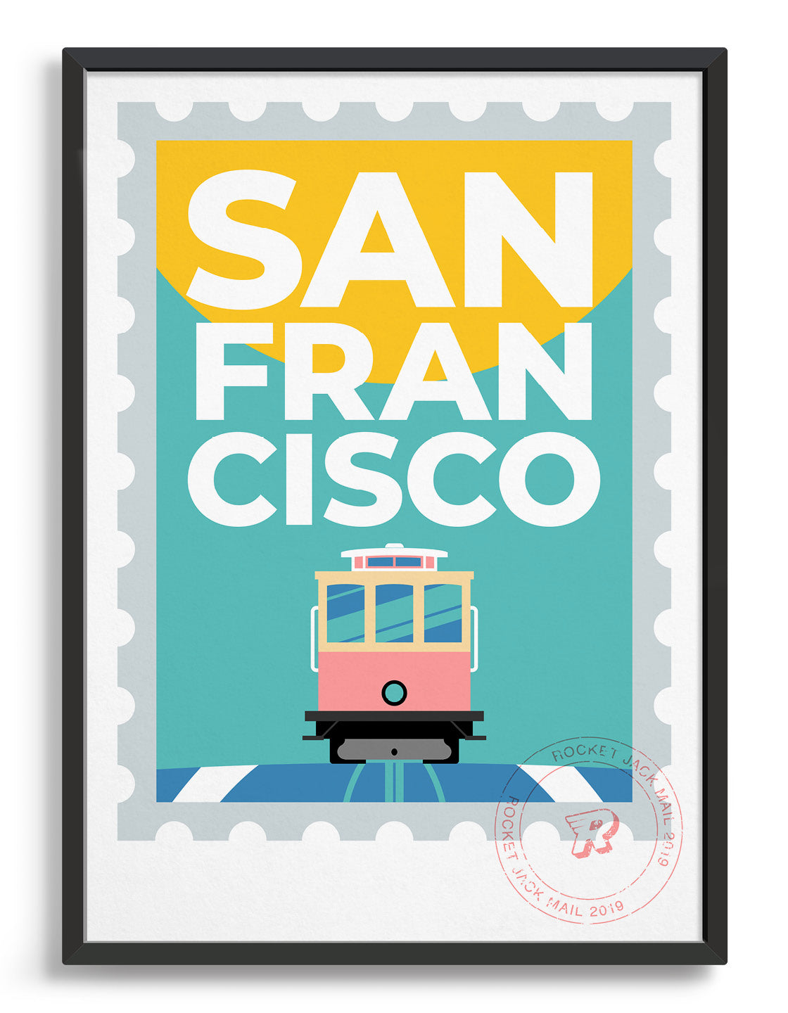 San Francisco stamp style travel poster featuring tram and city text on a bright background