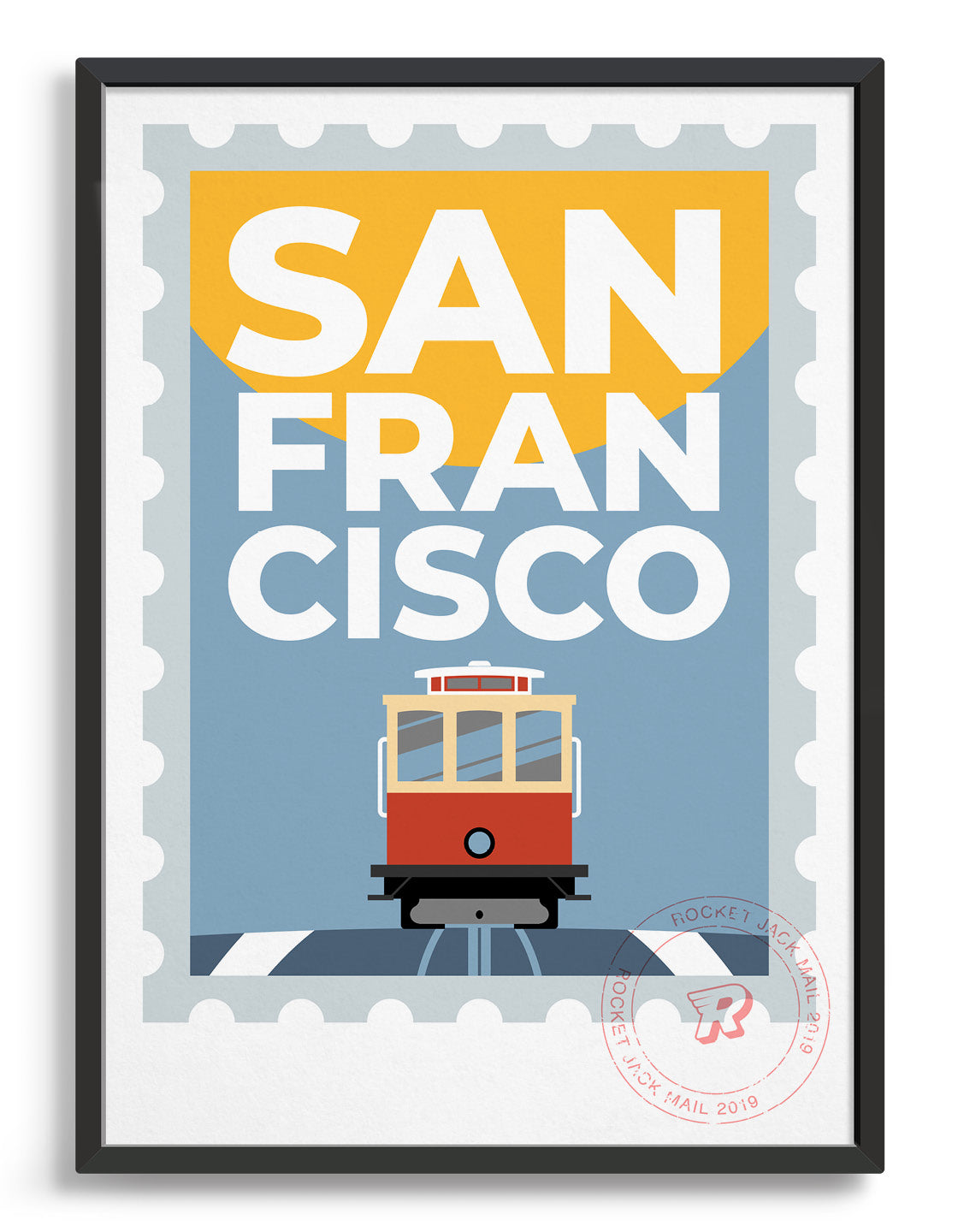San Francisco stamp style travel poster featuring tram and city text on a grey and yellow background