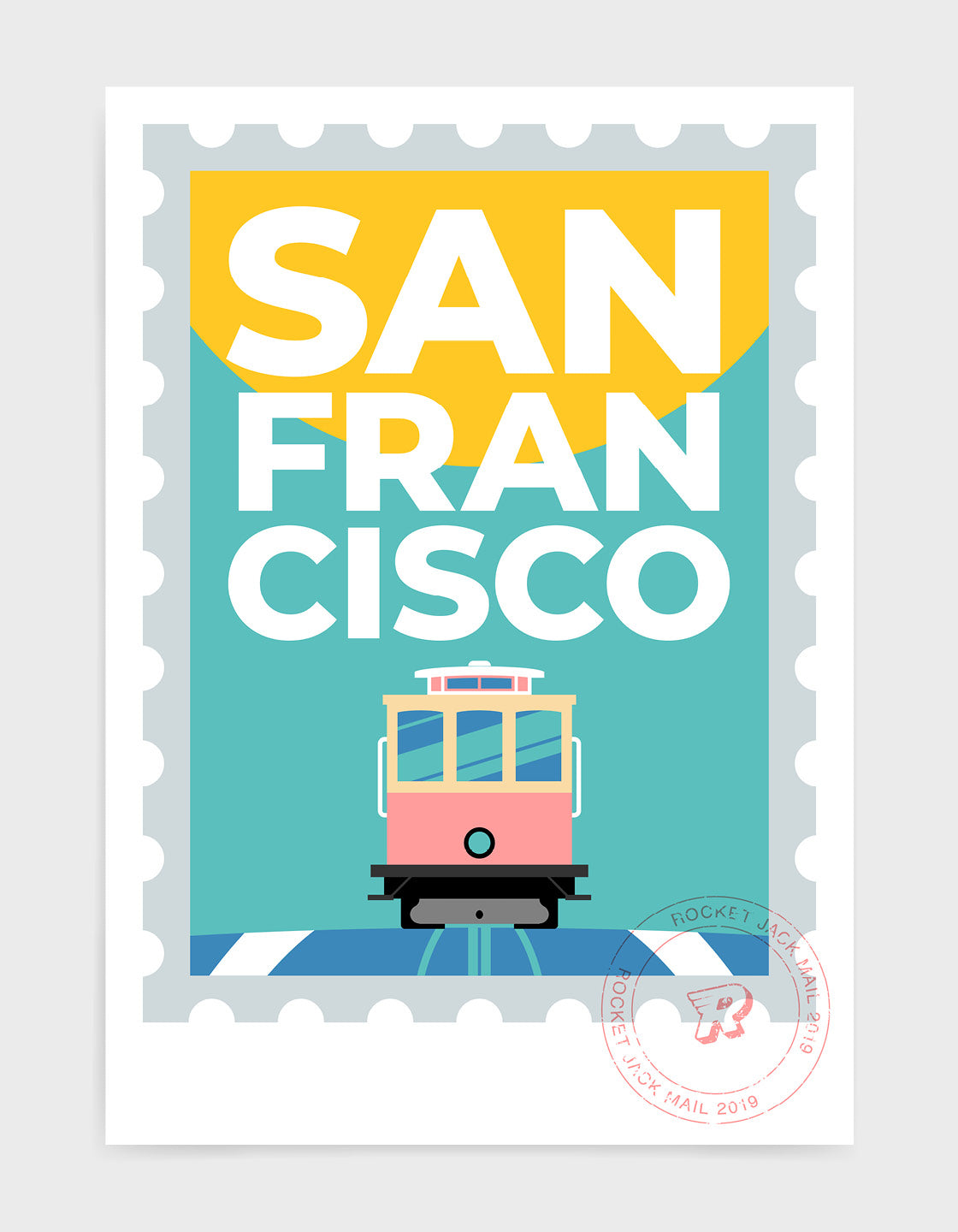 San Francisco stamp style travel poster featuring tram and city text on a bright background