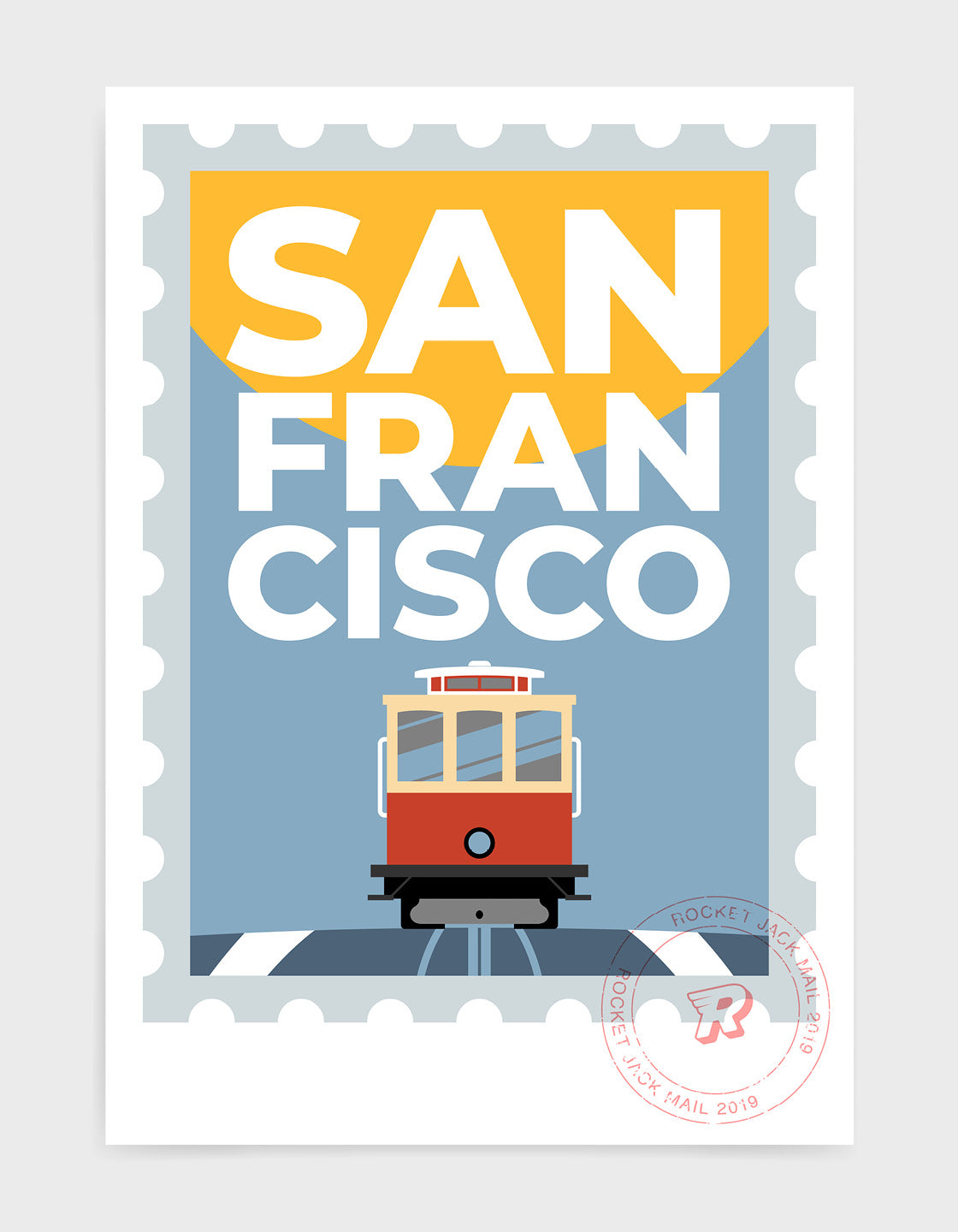 San Francisco stamp style travel poster featuring tram and city text on a grey and yellow background