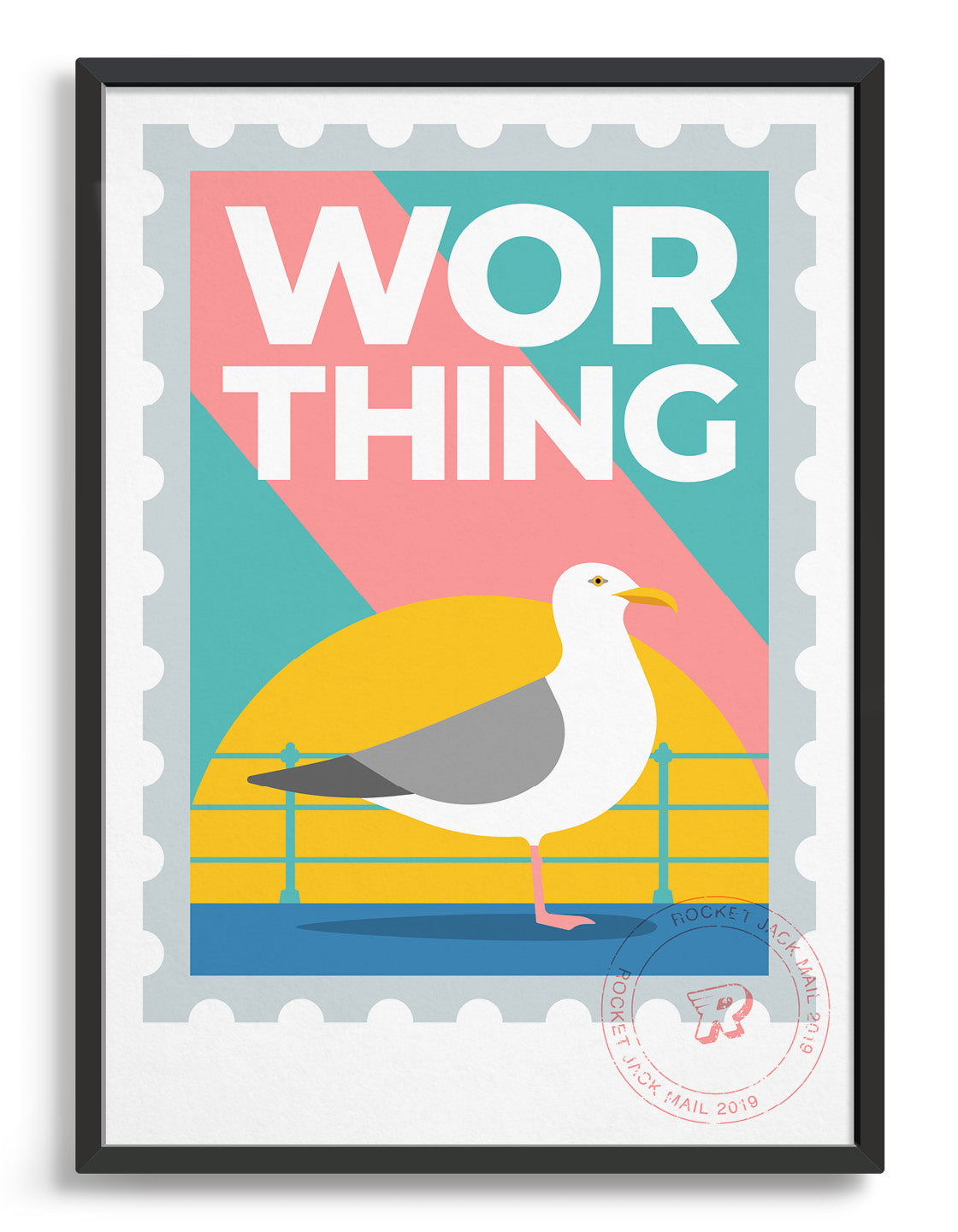 Worthing travel print in the style of a stamp. Features a seagull and promenade railing with bold Worthing text on a bright background