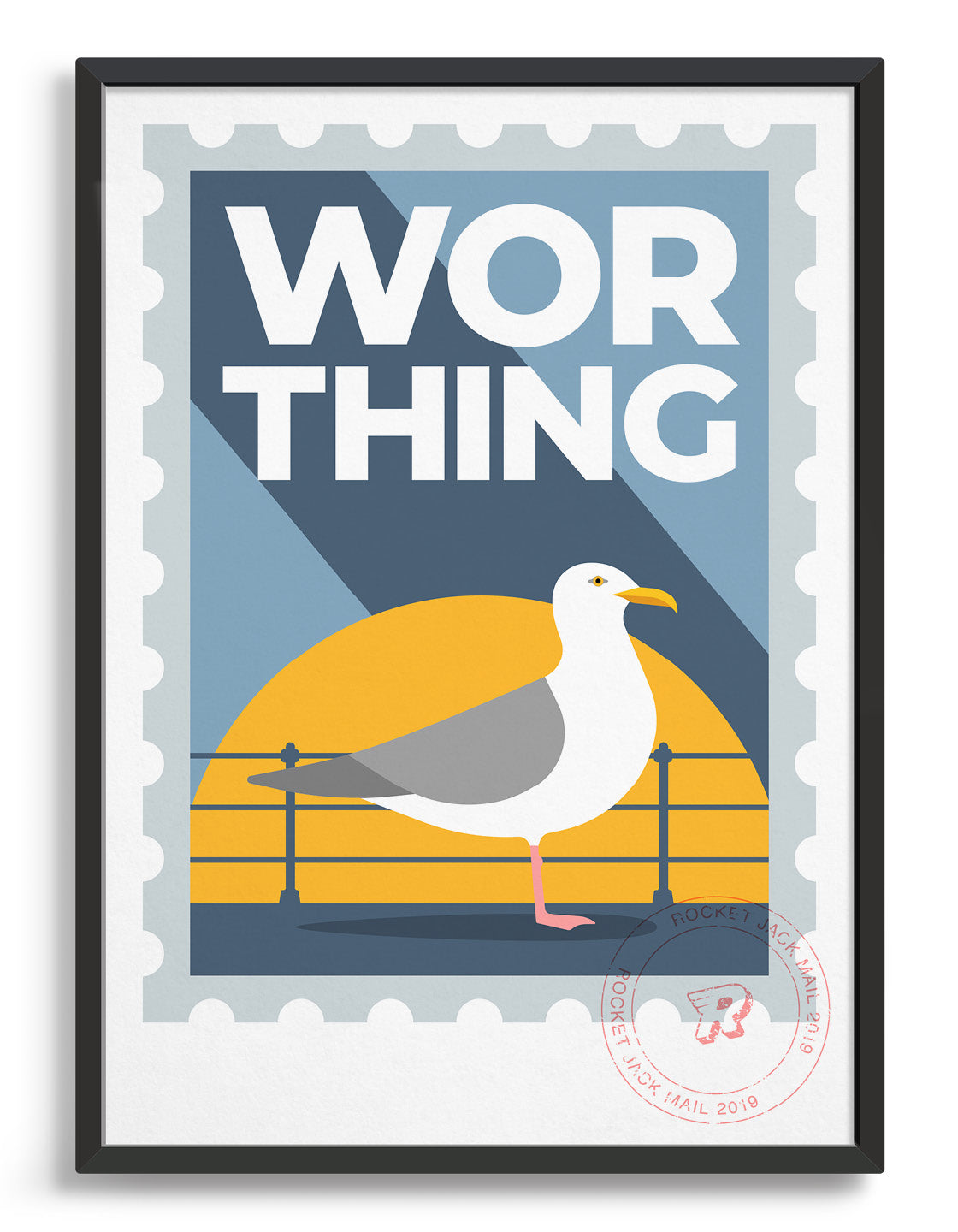 Worthing travel print in the style of a stamp. Features a seagull and promenade railing with bold Worthing text on a grey and yellow background