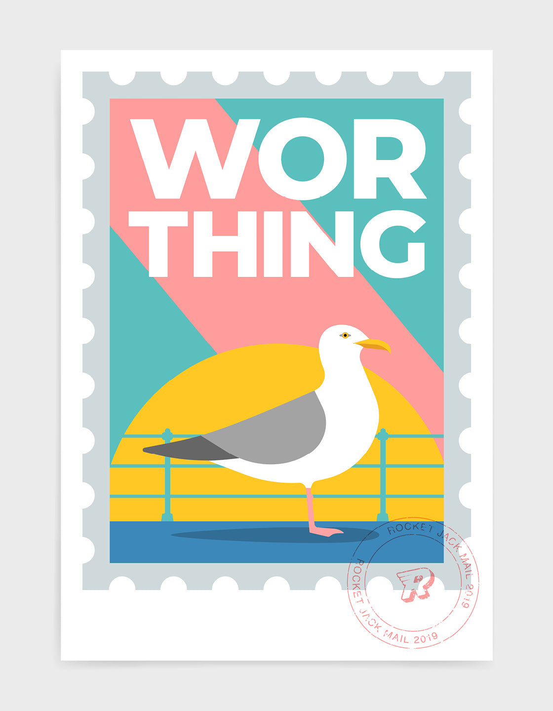 Worthing travel print in the style of a stamp. Features a seagull and promenade railing with bold Worthing text on a bright background