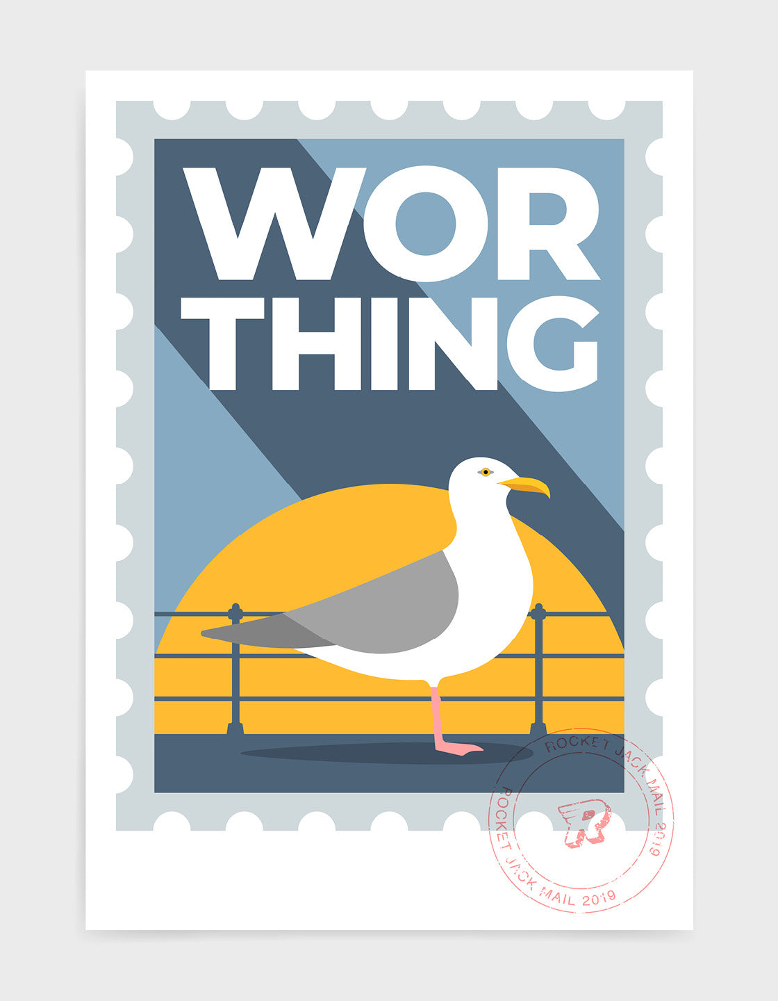 Worthing travel print in the style of a stamp. Features a seagull and promenade railing with bold Worthing text on a grey and yellow background