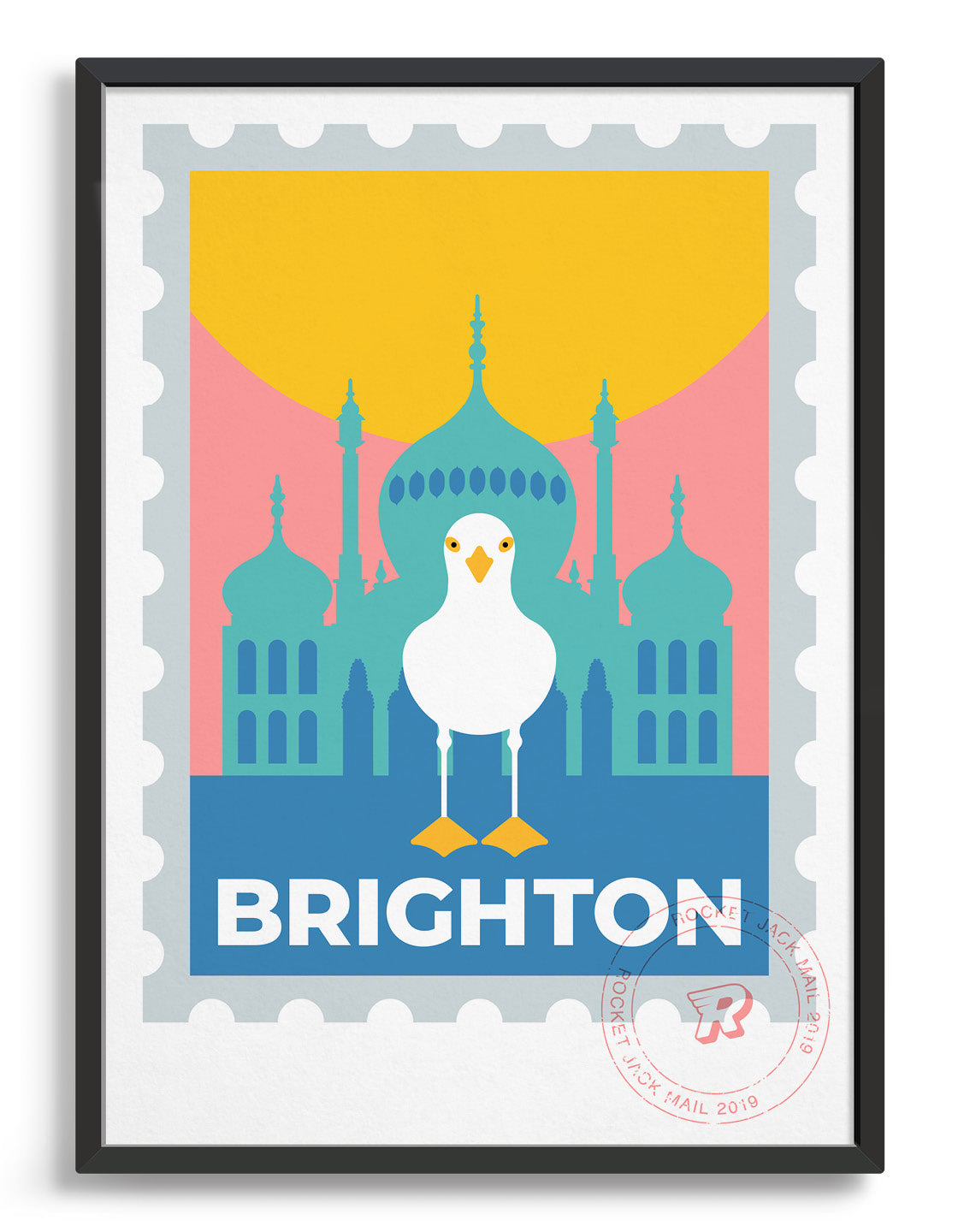 Brighton stamp poster, featuring the Royal Pavilion and a seagull standing on the Brighton text. 