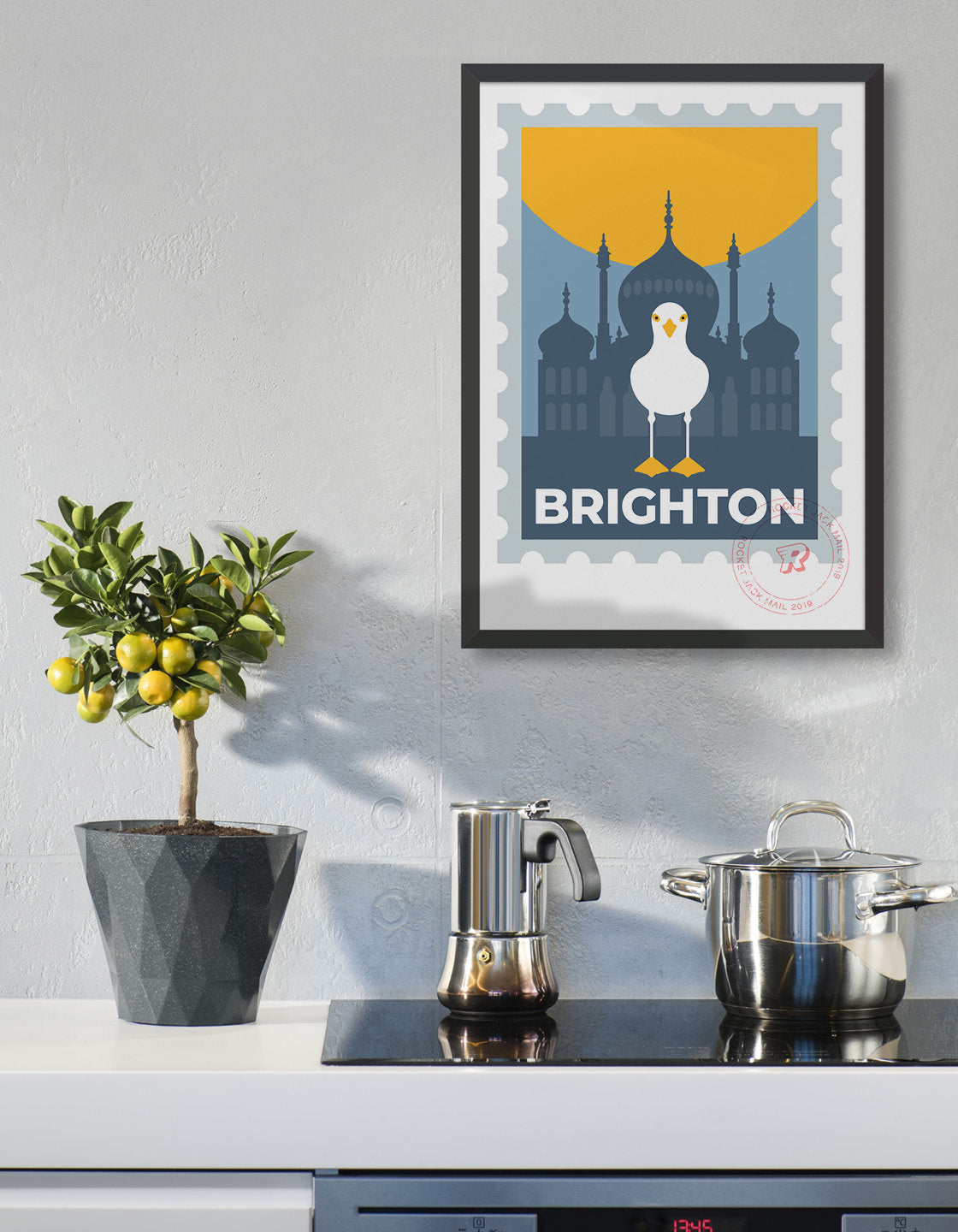 Brighton stamp poster, featuring the Royal Pavilion and a seagull standing on the Brighton text. 