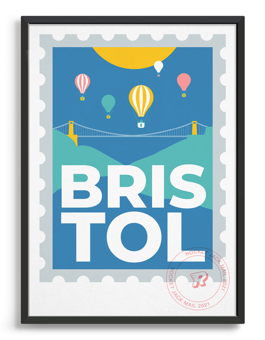 Customisable Bristol stamp print featuring the suspension bridge and hot air balloons against a bright background