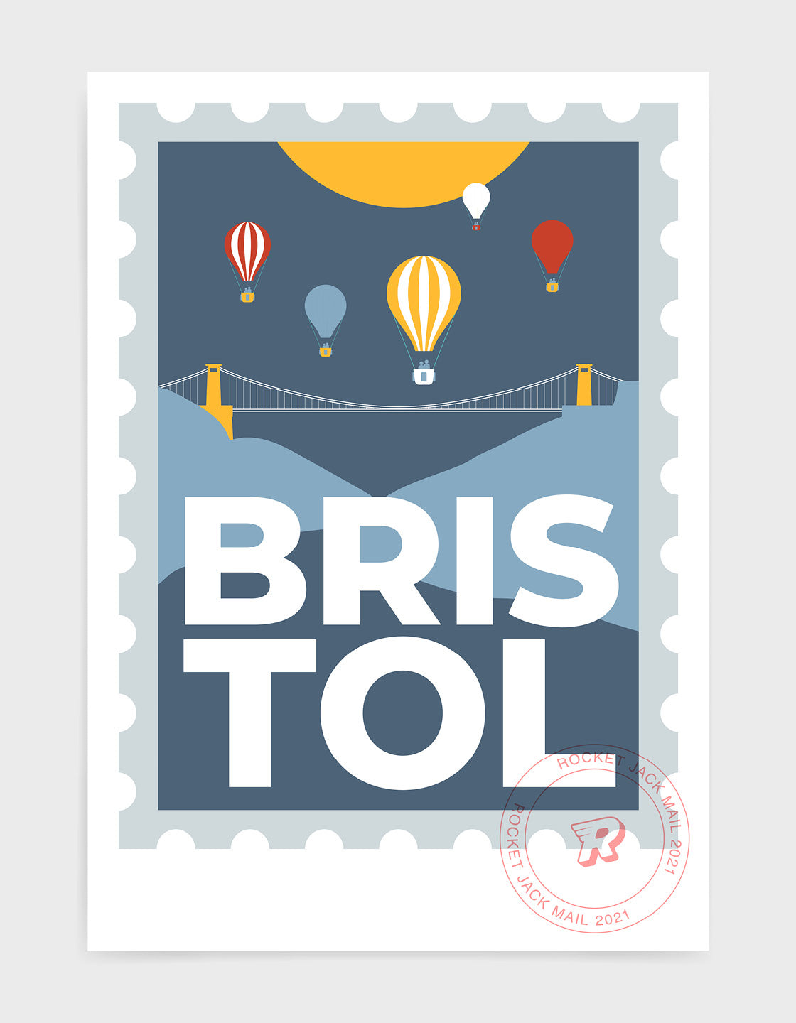 Customisable Bristol stamp print featuring the suspension bridge and hot air balloons against a grey & yellow background