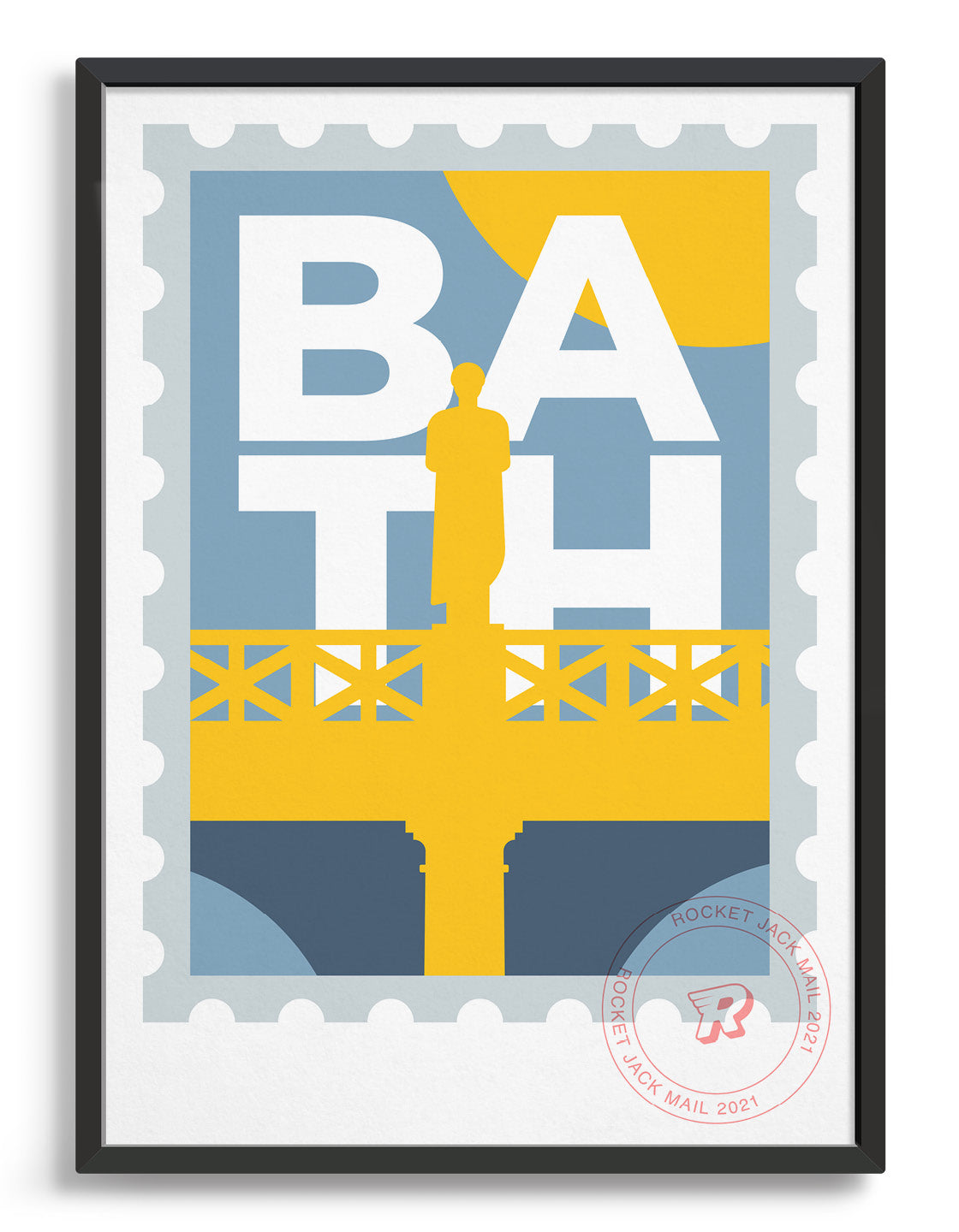 Customisable Bath stamp print featuring a roman statue against a grey & yellow background