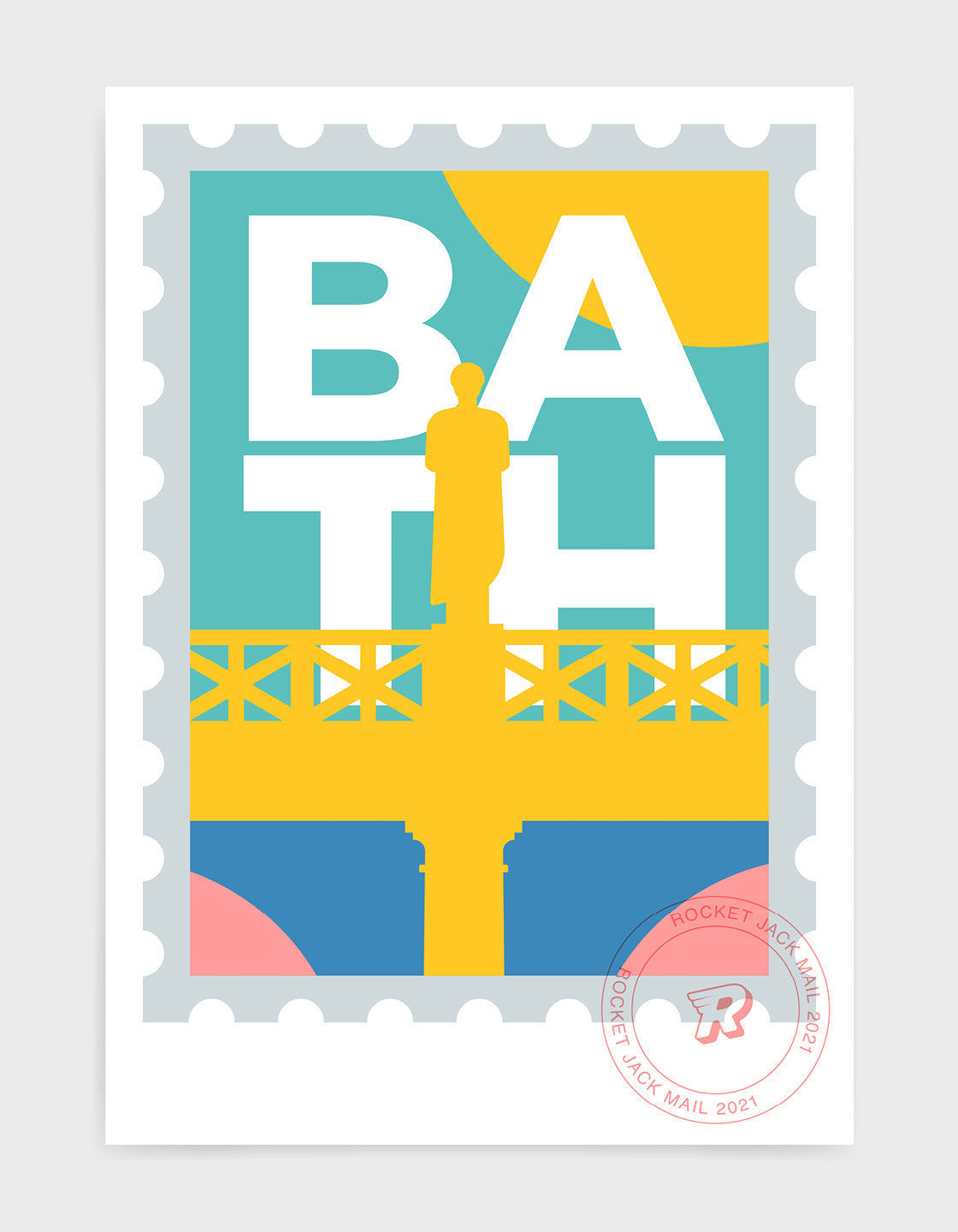 Customisable Bath stamp print featuring a roman statue against a bright background