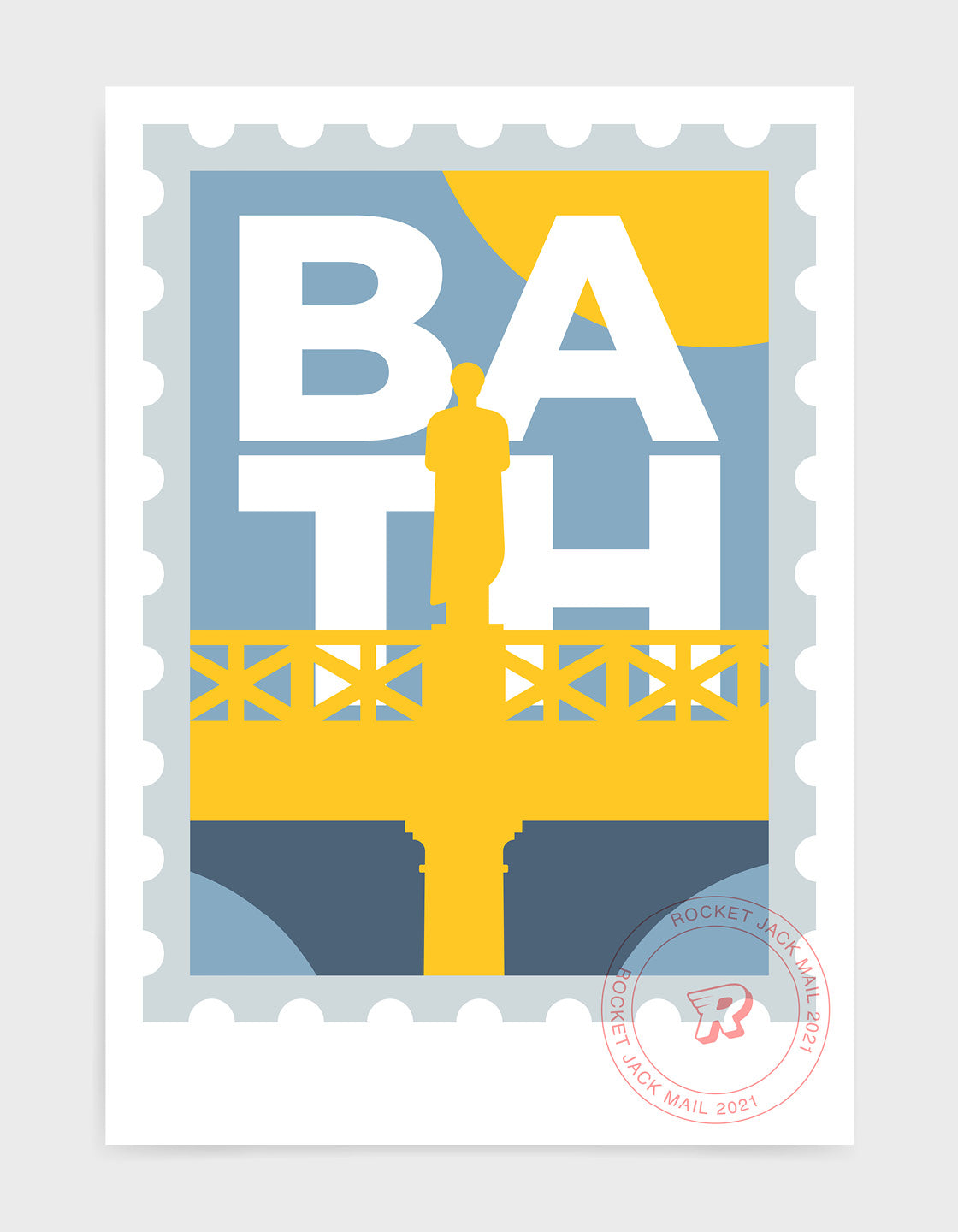 Customisable Bath stamp print featuring a roman statue against a grey & yellow background