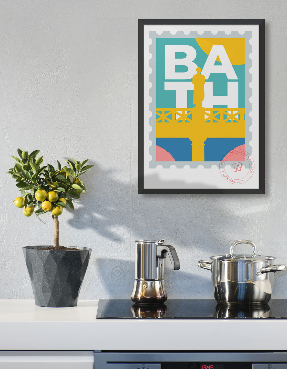Lifestyle image depicts the customisable Bath stamp print featuring a roman statue against a bright background
