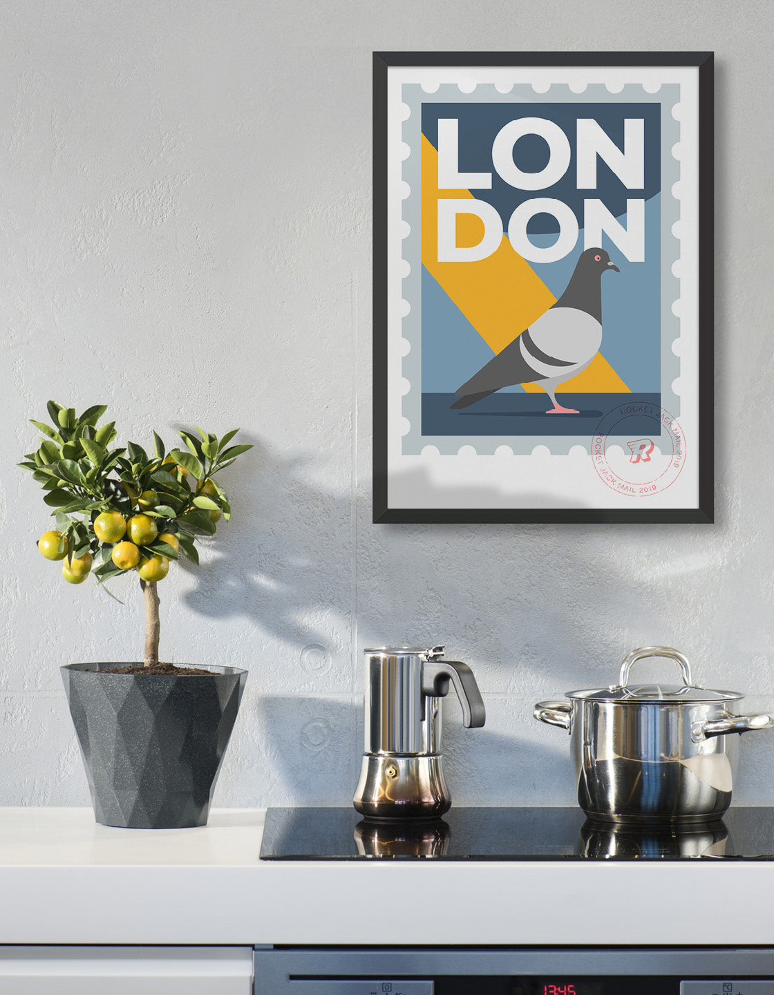 Customisable London stamp print featuring a pigeon against a grey and yellow background