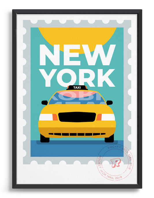 New york city travel poster featuring a yellow taxi on a bright background with bold type