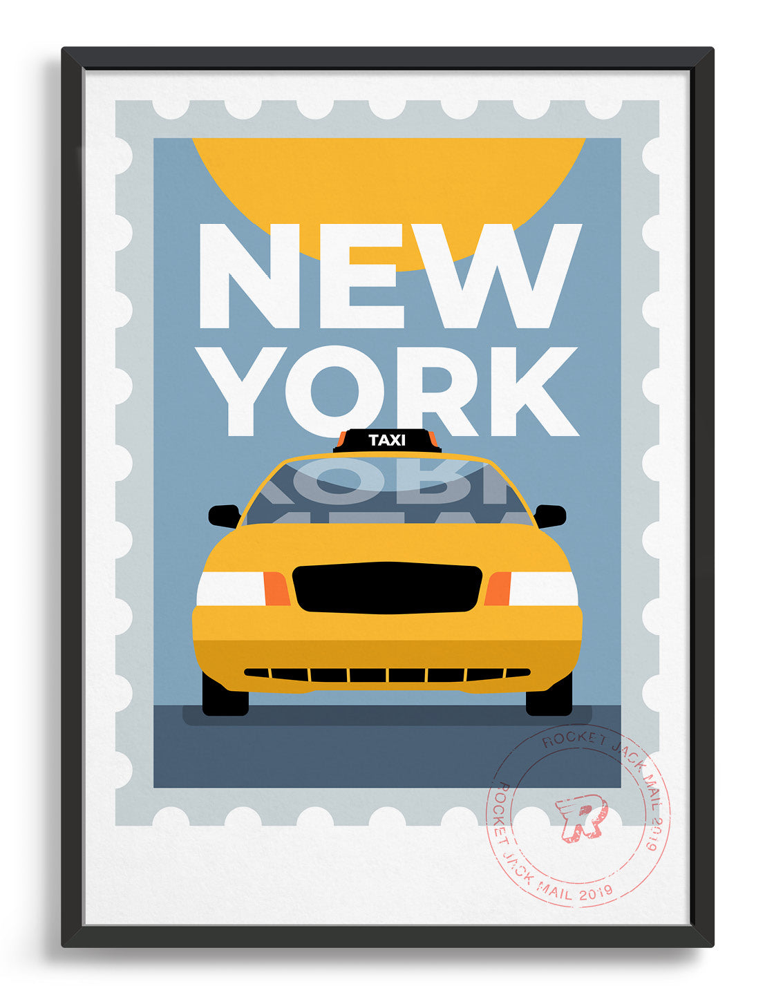 New york city travel poster featuring a yellow taxi on a grey and yellow background with bold type