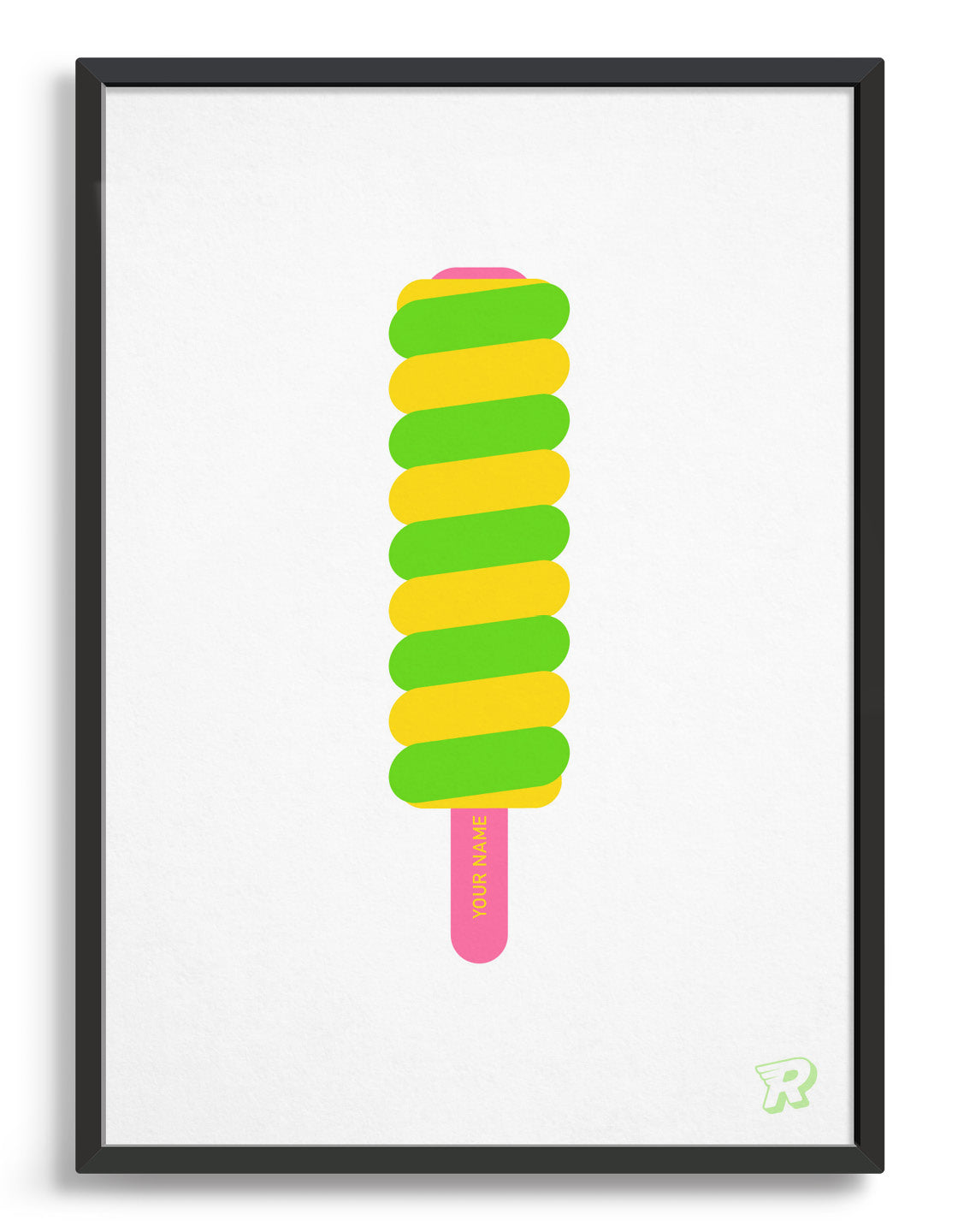 twister style lolly print poster in bright yellow and green with a pink stick