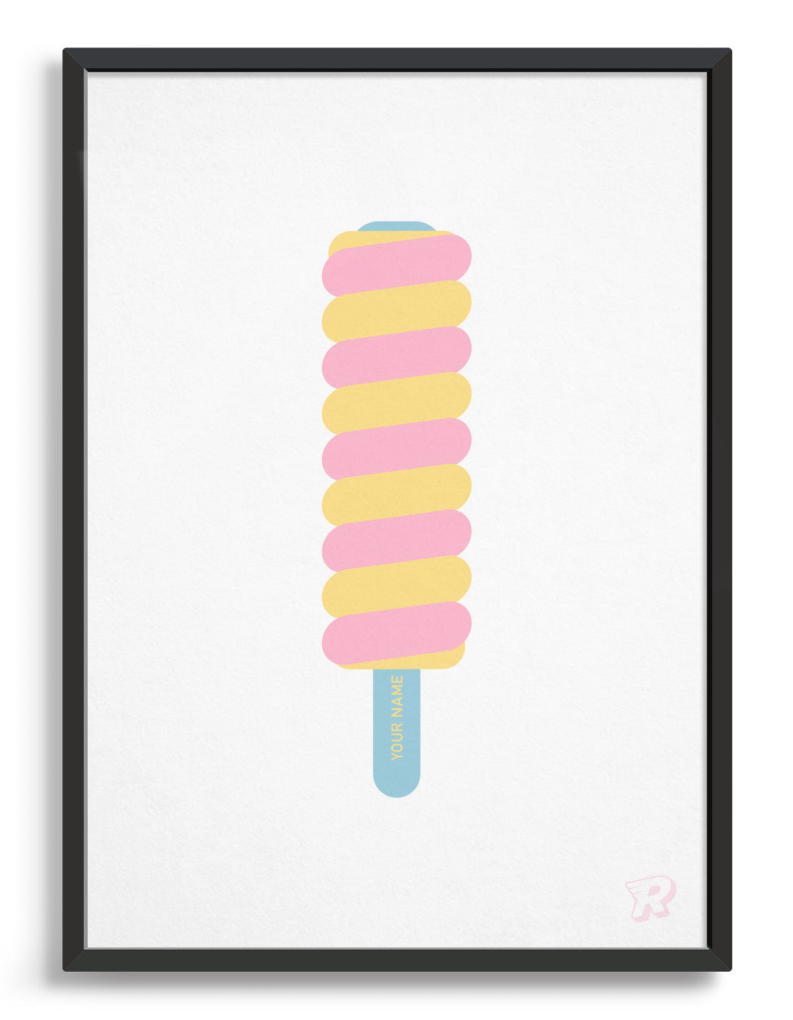 twister style lolly print in pink and yellow with a pale blue stick
