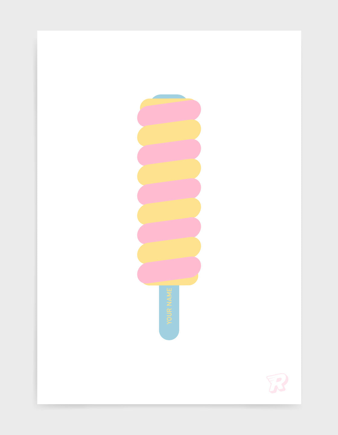 twister ice lolly print with pink and yellow swirls and a pale blue stick on a white background