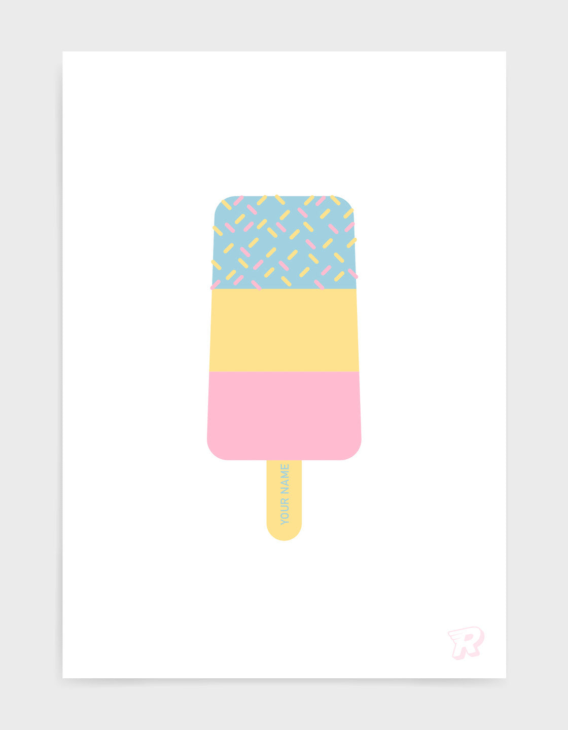 fab ice lolly print in pale blue, yellow and pink with Personalised name on yellow stick