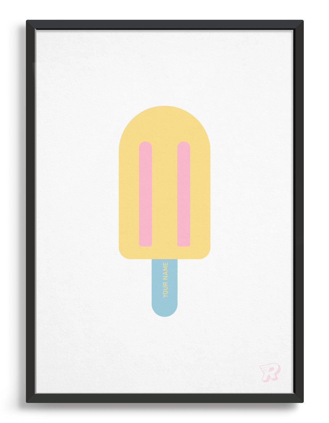 yellow popsicle lolly print with a blue stick against a white background