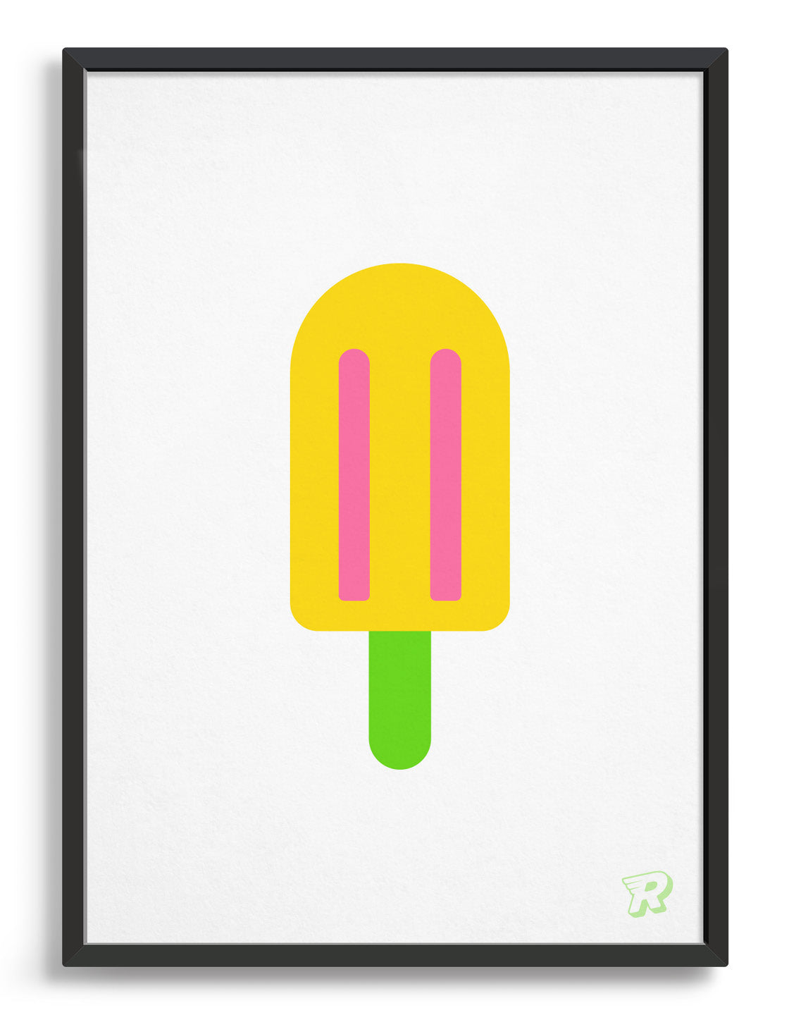 popsicle ice lolly art print with yellow lolly on a green stick against a white background