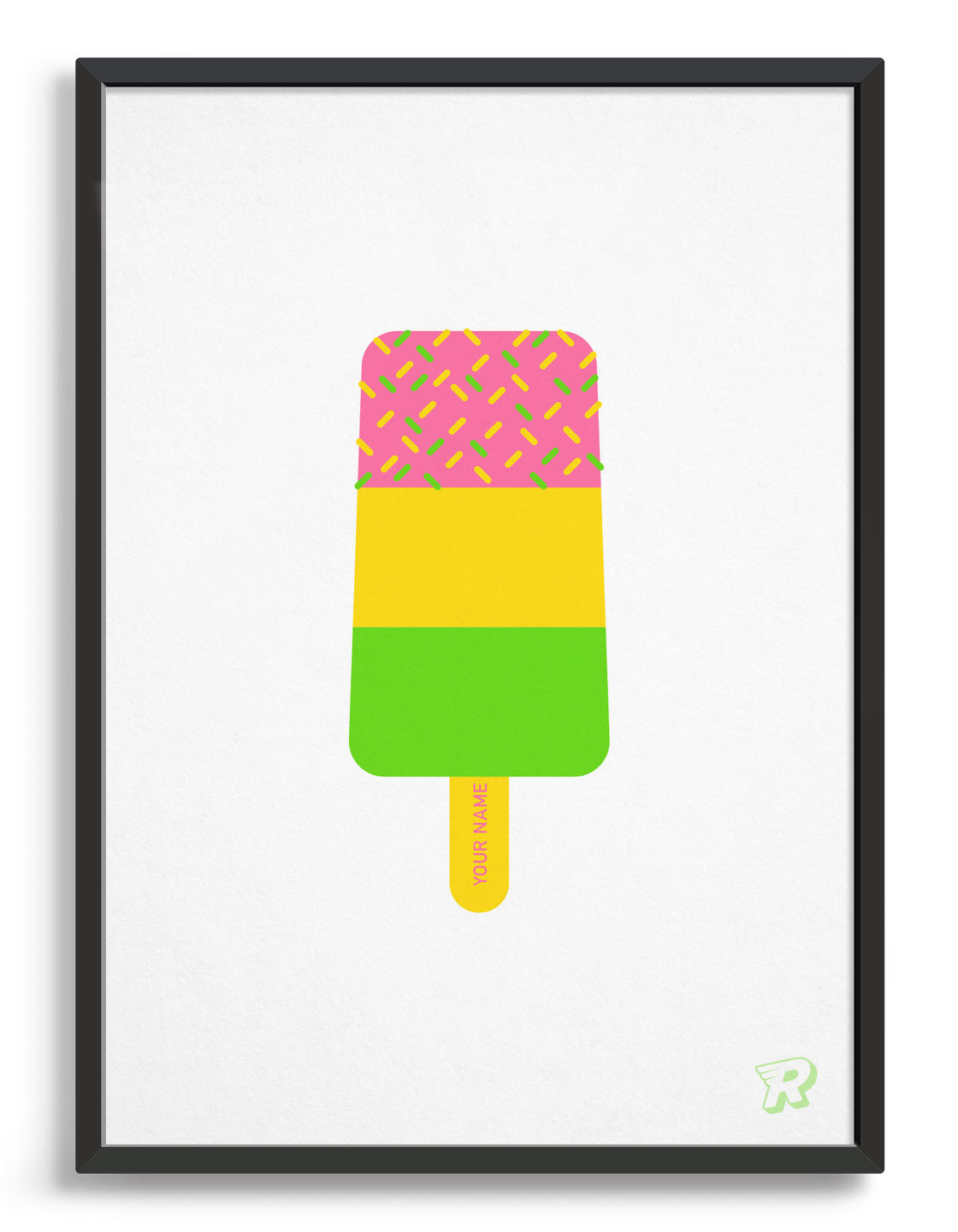 fab ice lolly print in pink, yellow and green with Personalised name on yellow stick