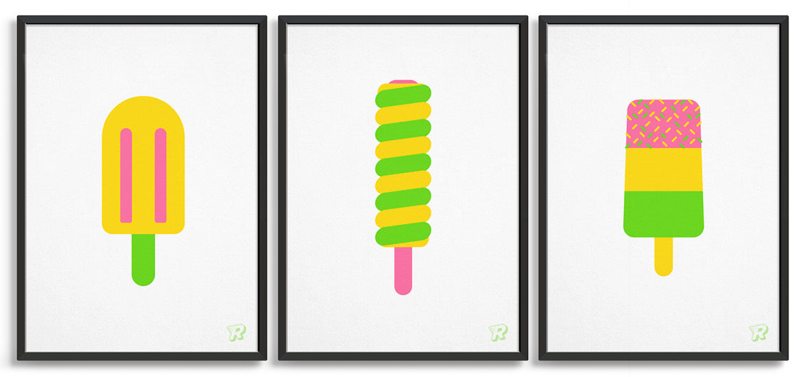 Set of 3 ice lolly prints in bright colours including twister lolly, fab ice lolly and split
