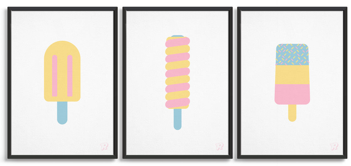 Set of 3 ice lolly prints in pastel  colours including twister lolly, fab ice lolly and split