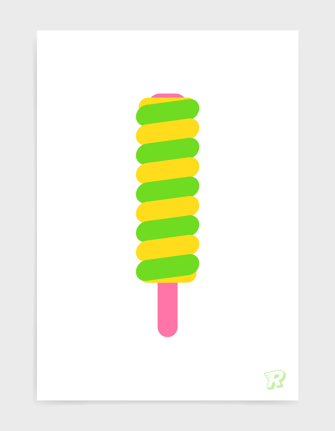 twister ice lolly print with yellow and green and a pink lolly stick on a white background