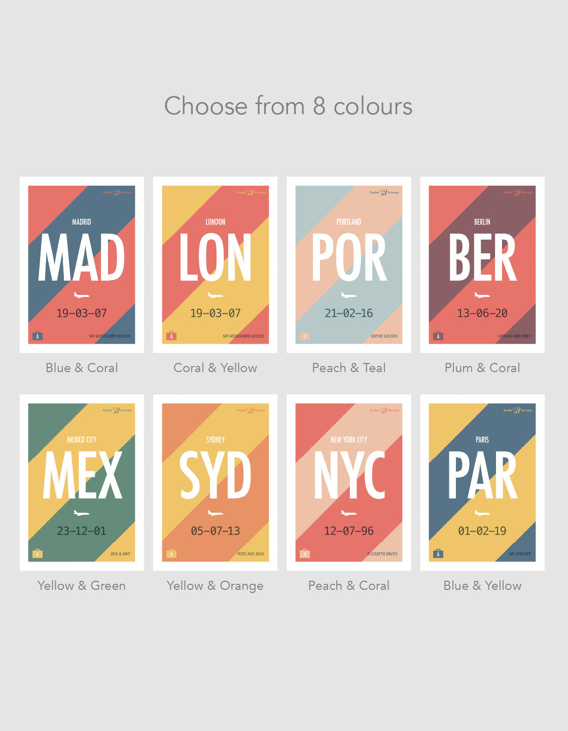 image showing the 8 colour ways the print is available in