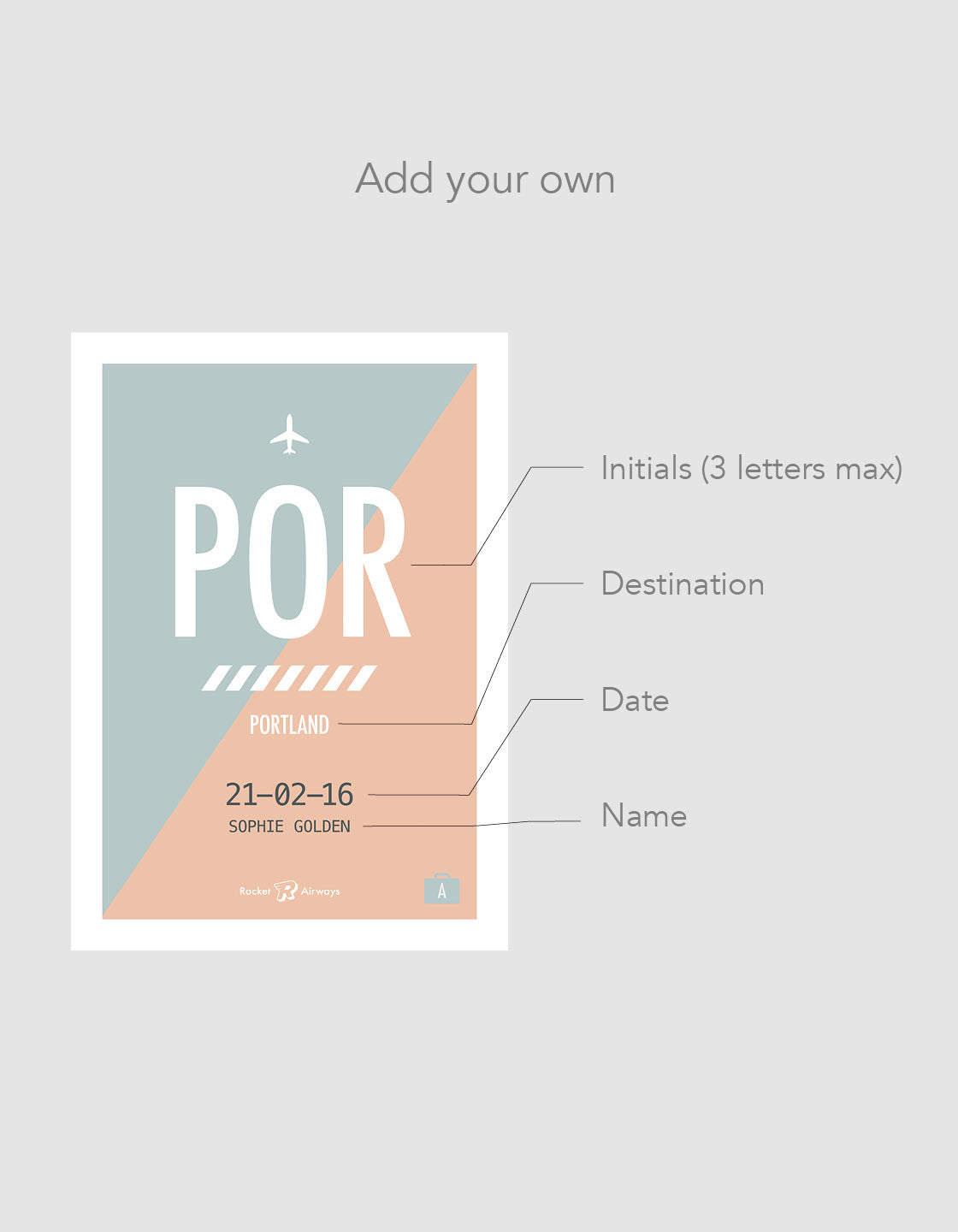 image that shows where the destination print can be customised with destination ,initials, date and name