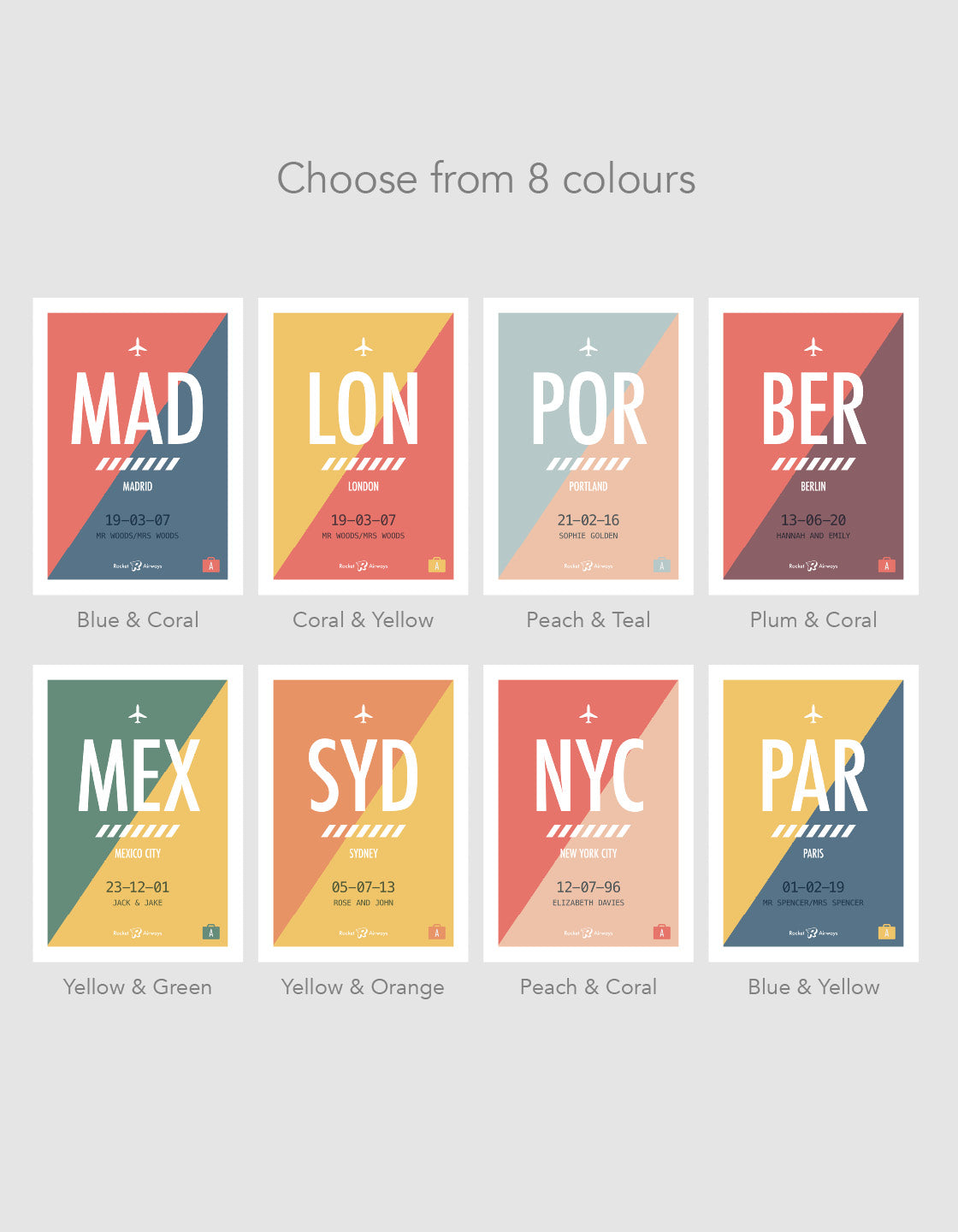 image showcasing all the colour options for the print design