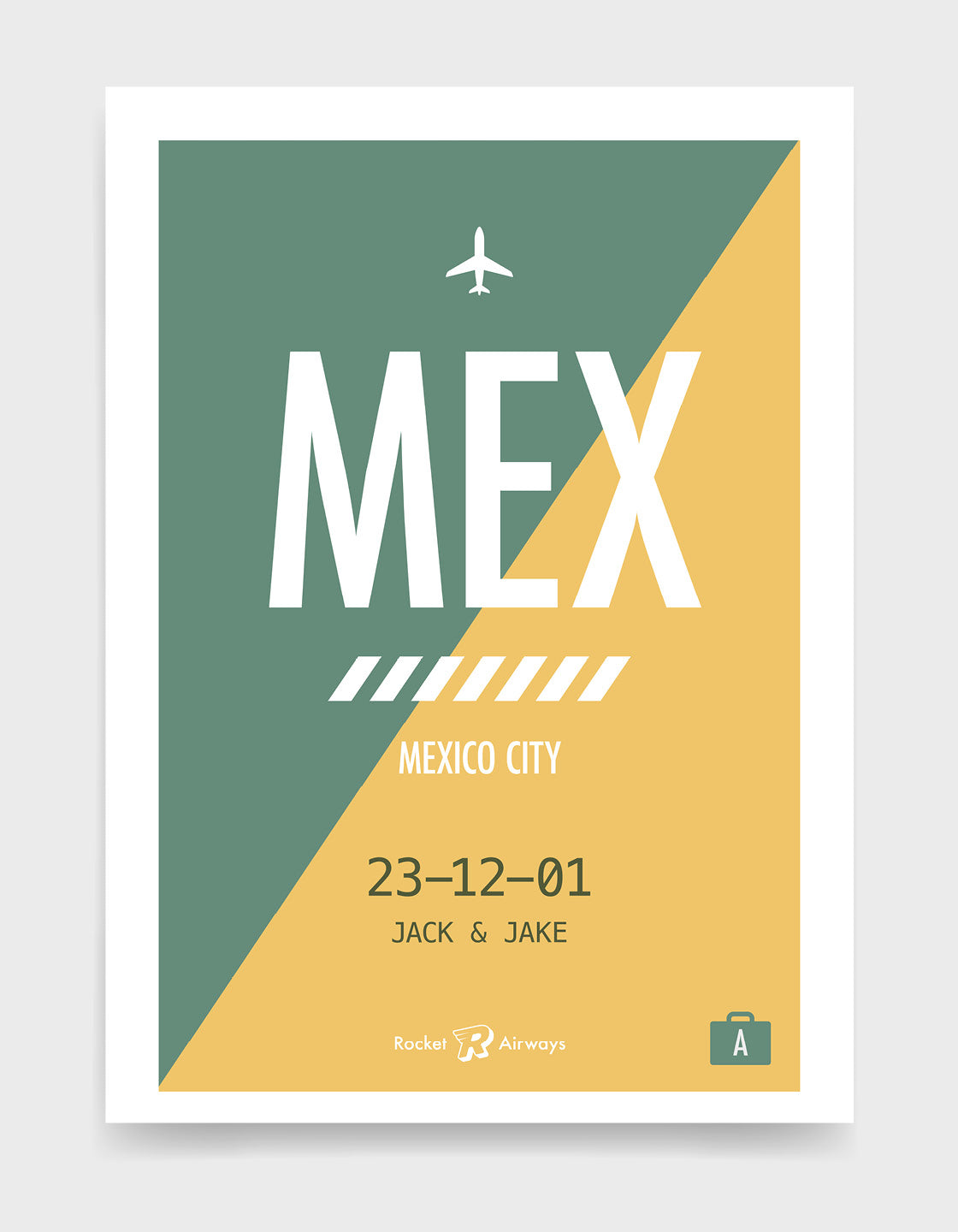 Retro travel destination print in green & yellow with customisable details
