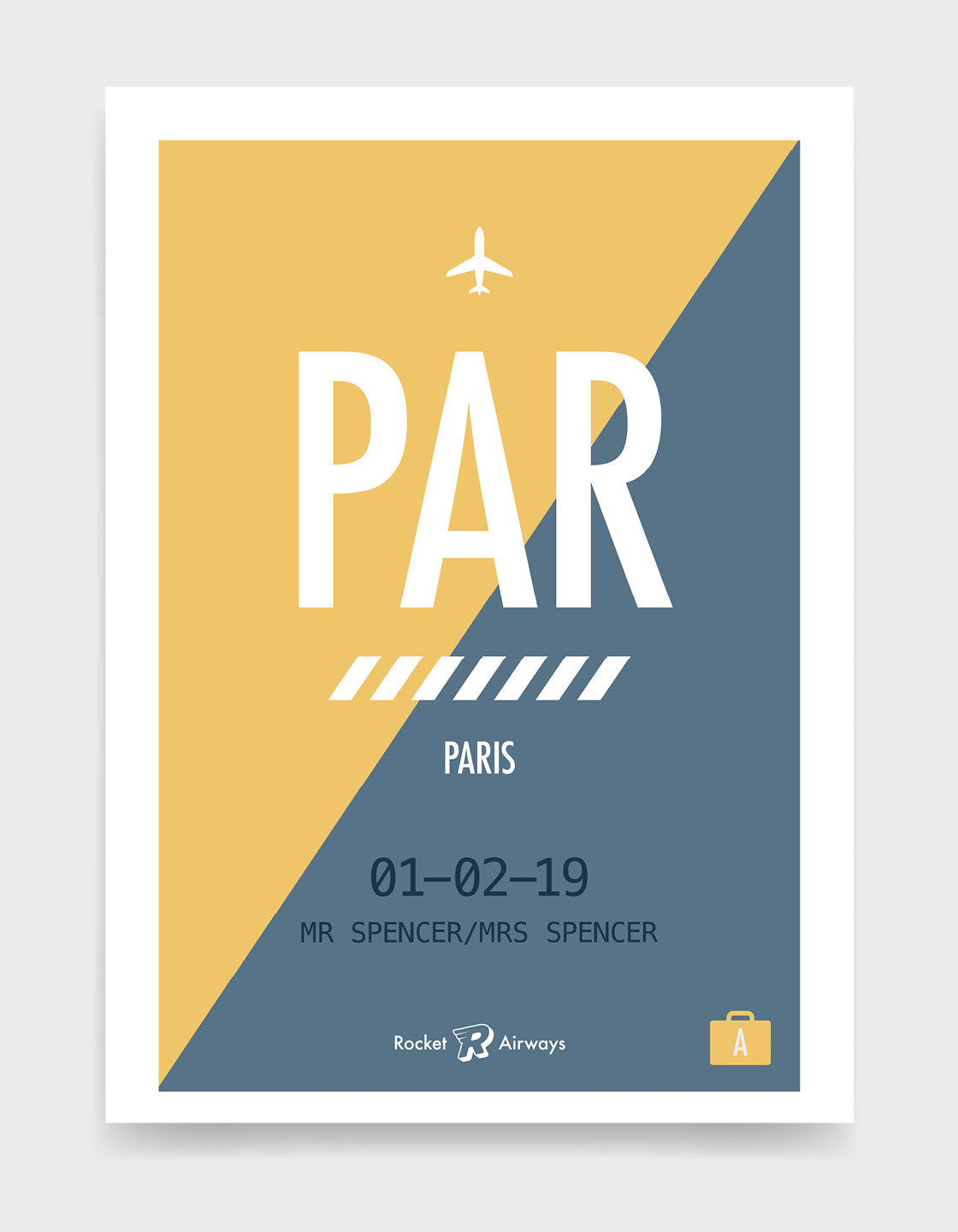 Retro travel destination print in blue & yellow with customisable details