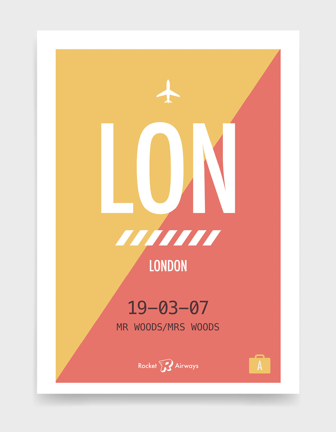Retro travel destination print in coral & yellow with customisable details