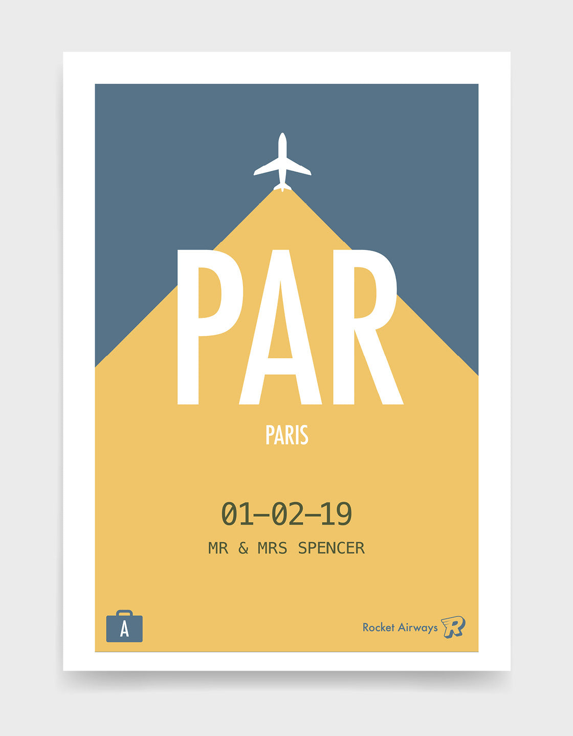 Retro travel destination print in blue & yellow with customisable details