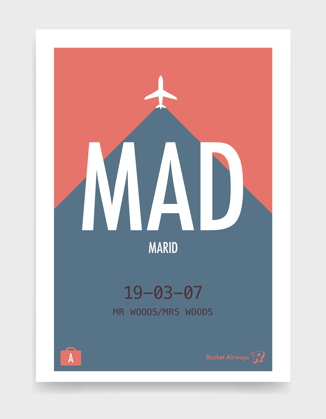 Retro travel destination print in blue & coral with customisable details