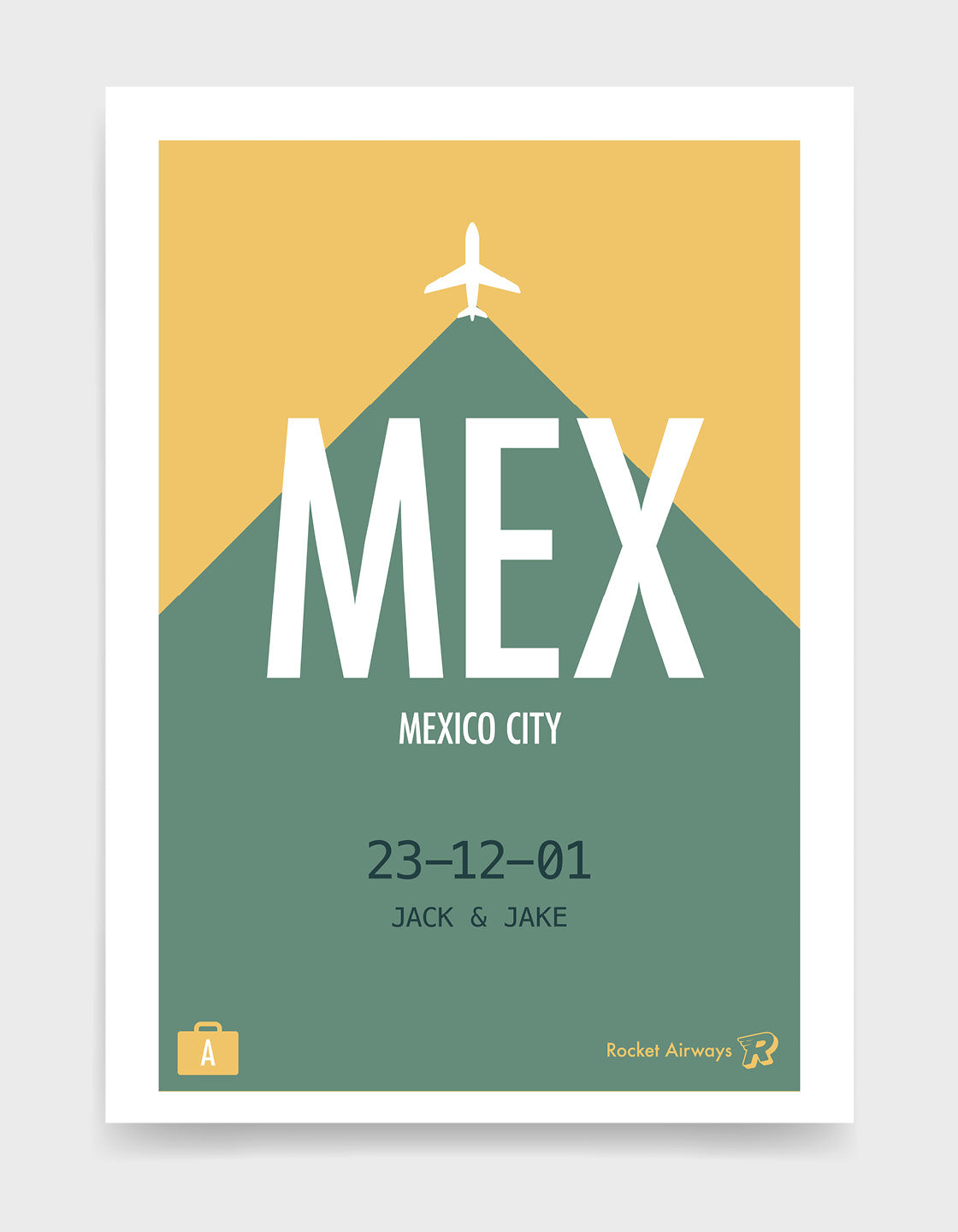 Retro travel destination print in green & yellow with customisable details