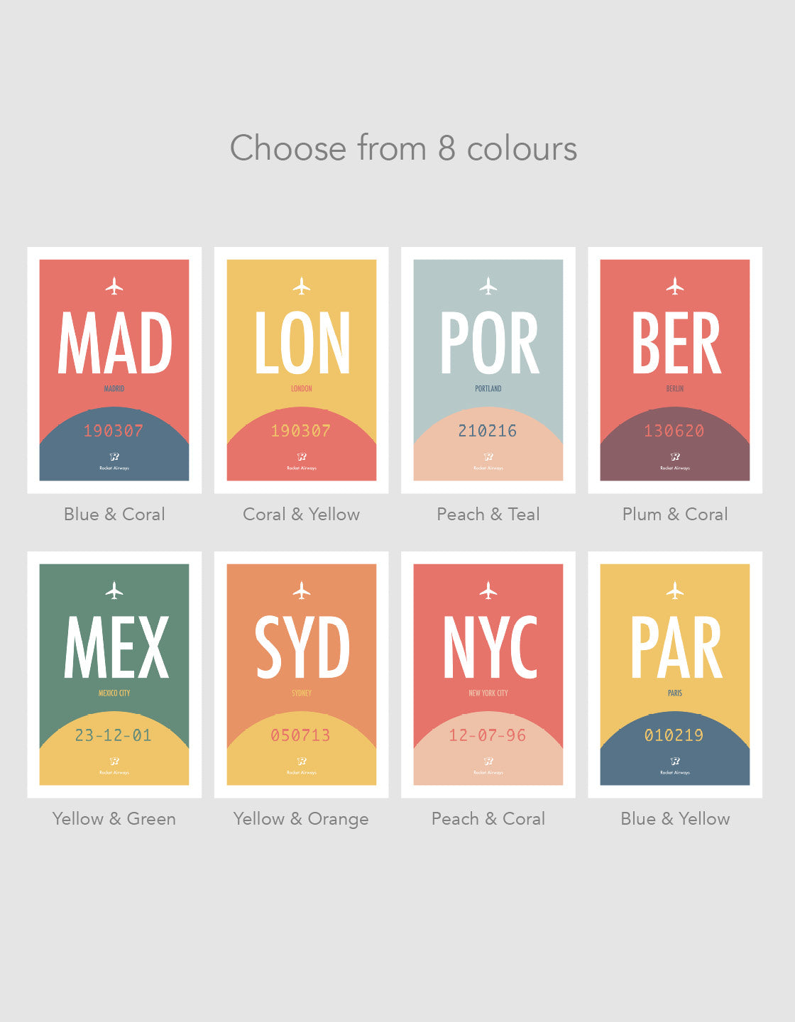 image showcasing all the different colour options for the destination print design