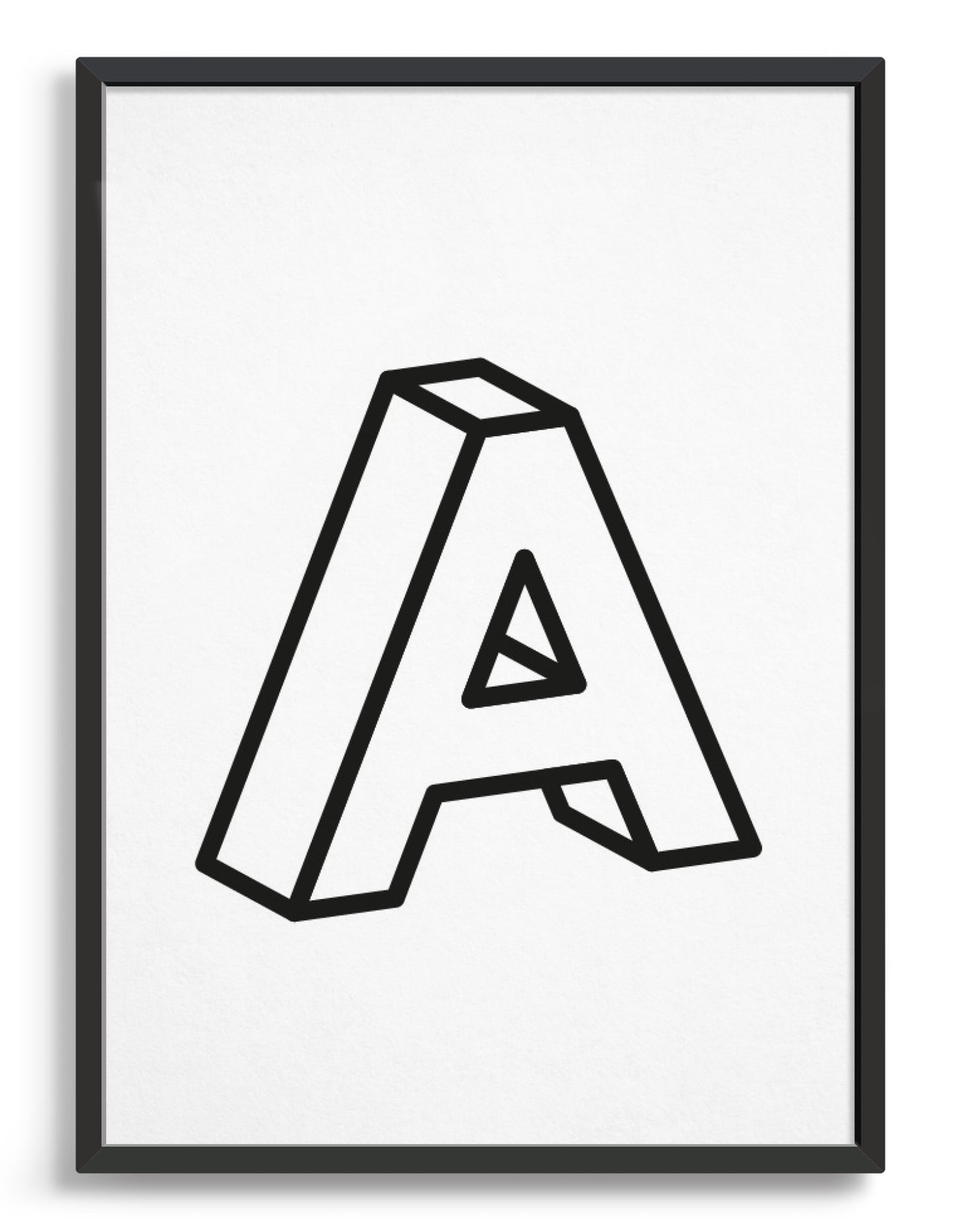 monochrome typography alphabet print depicting the letter A in 3D black type
