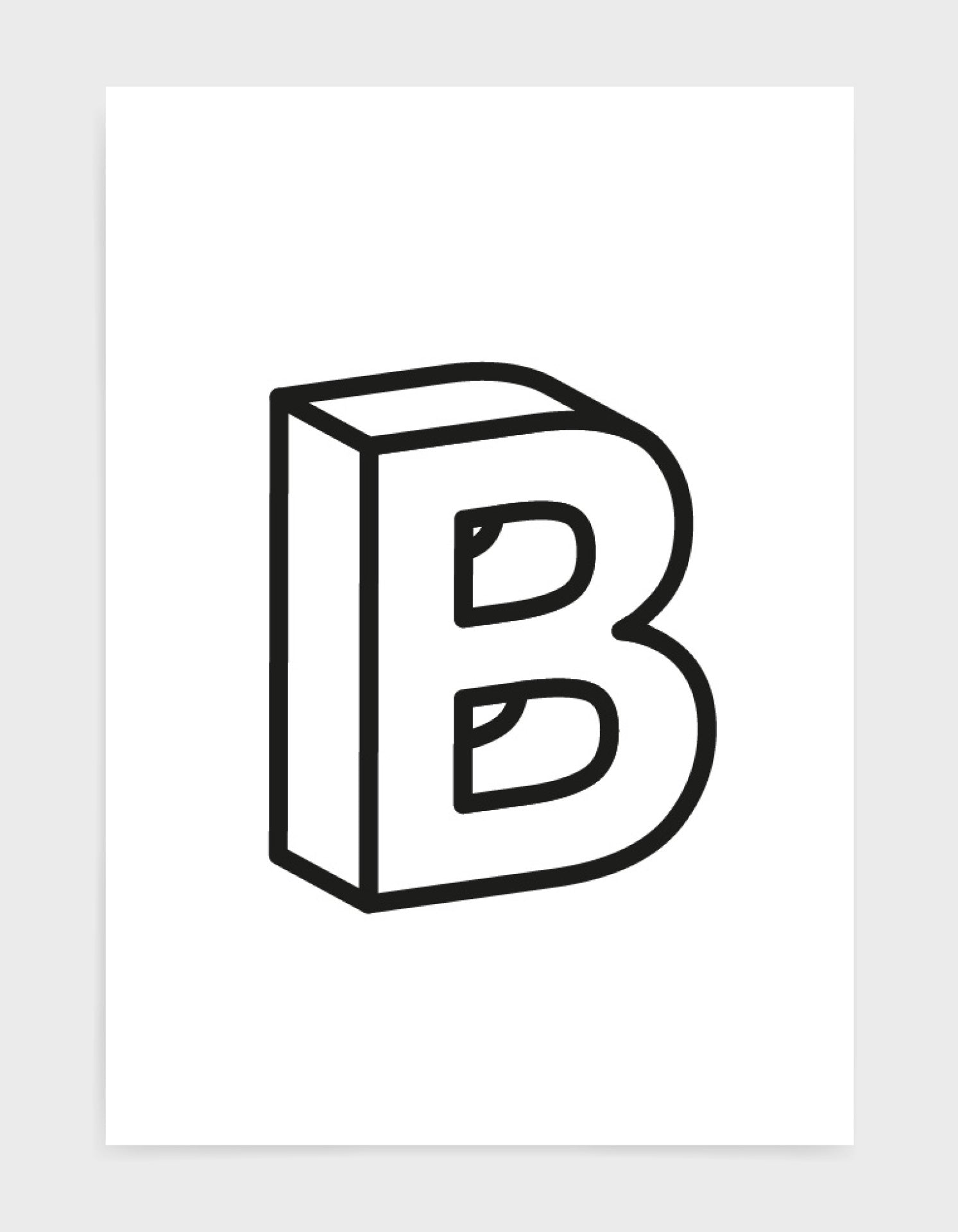 monochrome typography alphabet print depicting the letter B in 3D black type