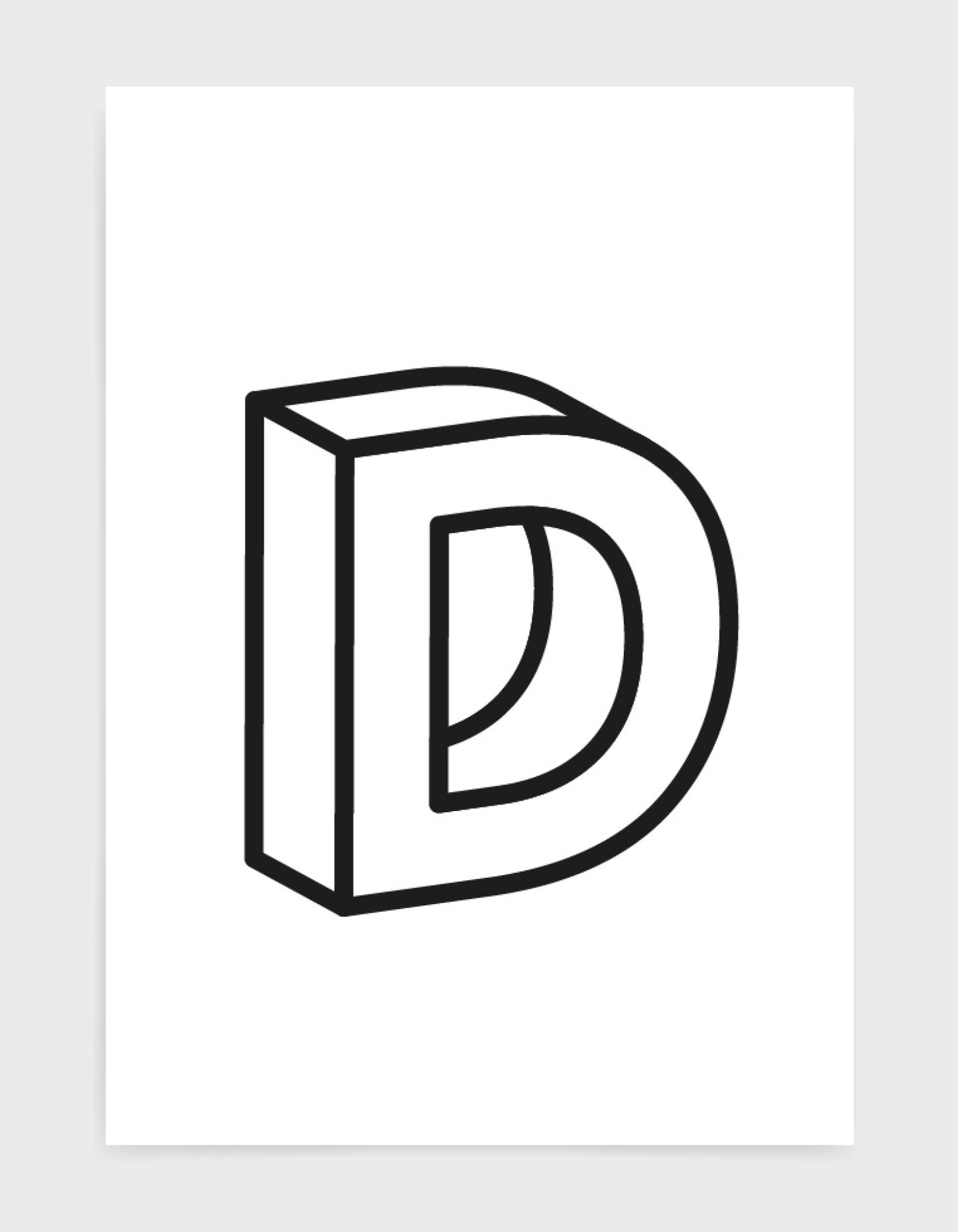 monochrome typography alphabet print depicting the letter D in 3D black type